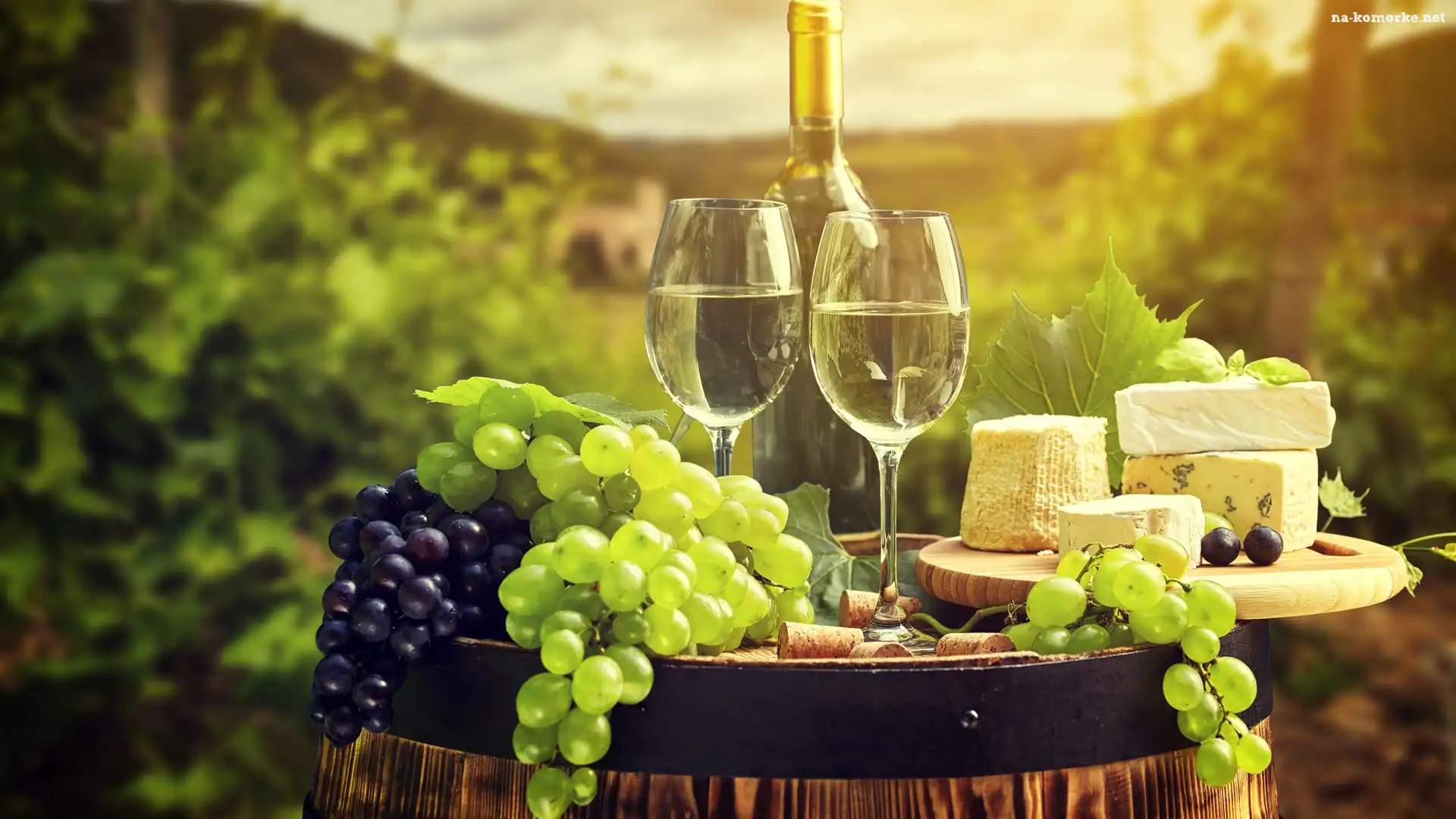 Wino, Sery, Beczka, Dwa, Kieliszki, Butelka, Winogrona