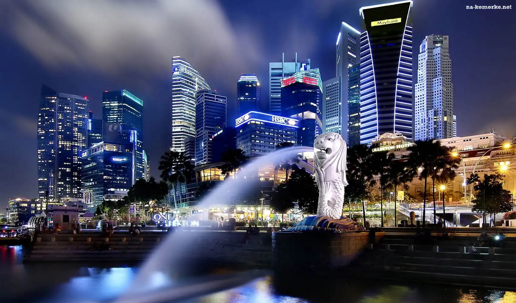 Singapur, Chmur, Fontanna, Drapacze