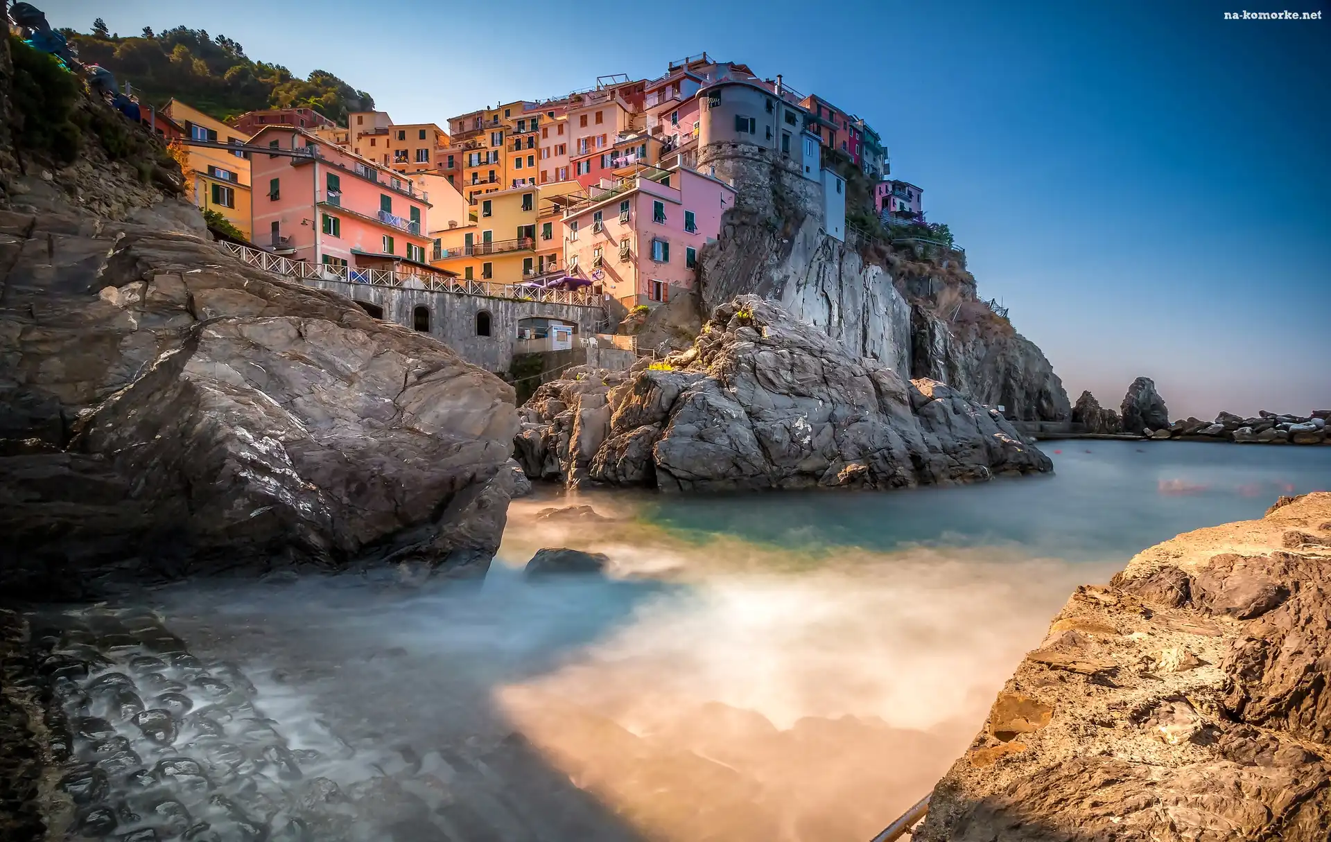 Skały, Manarola, Włochy, Wybrzeże, Domy, Morze