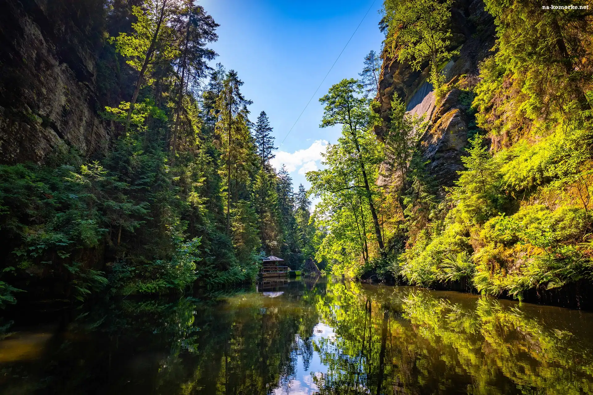 Rzeka, Skały, Drzewa, Wąwóz, Dom