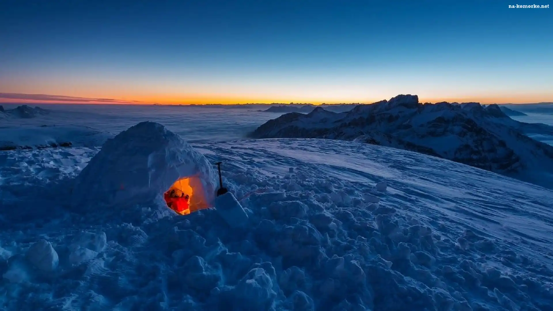 Skały, Zachód, Słońca, Igloo, Śnieg