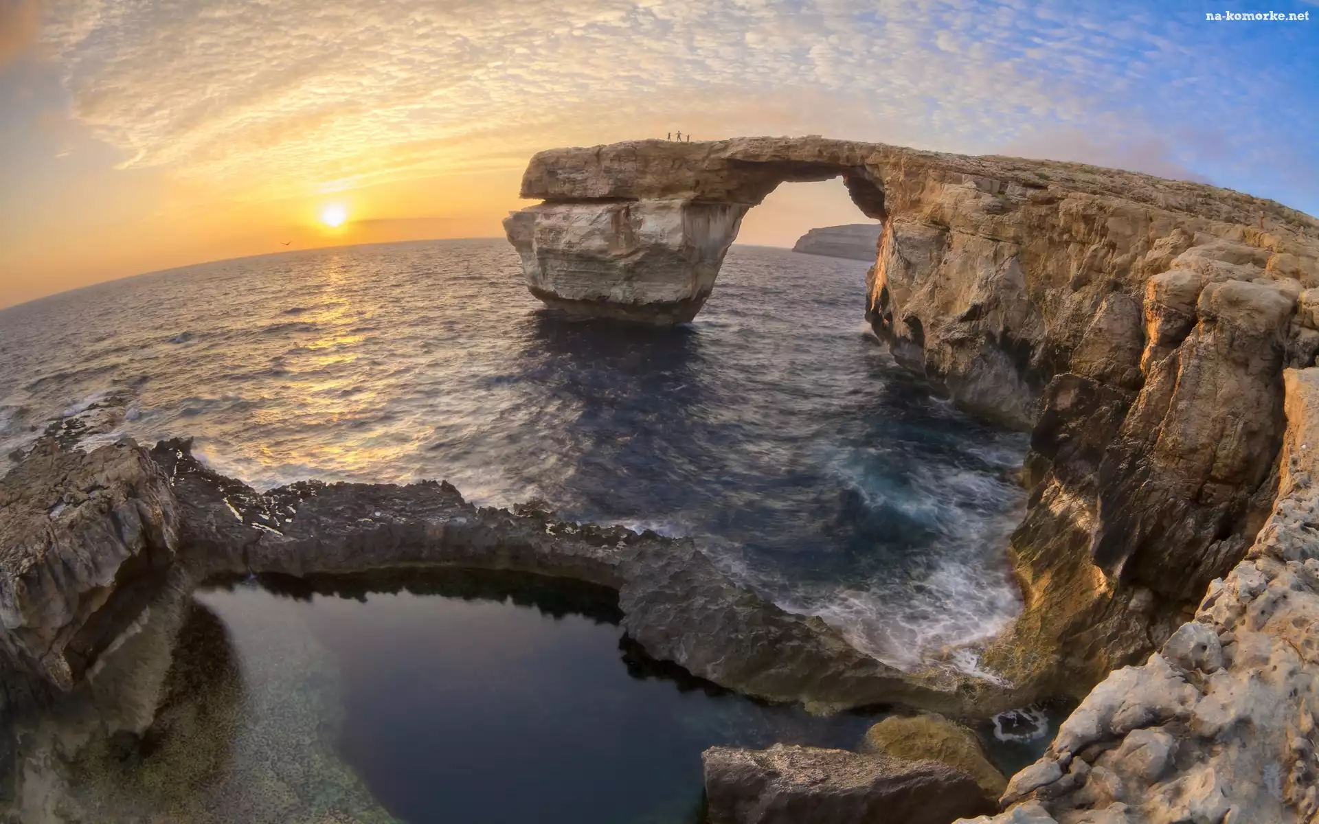 Skały, Morze, Azure Window, Most skalny, Rybie oko, Wschód słońca, Efekt graficzny, Lazurowe Okno, Malta