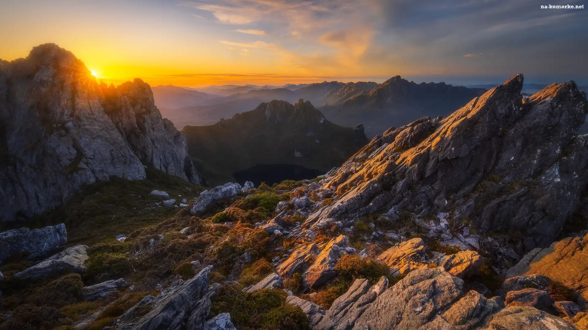 Tasmania, Zachód słońca, Arthur Range, Australia, Góry, Skały
