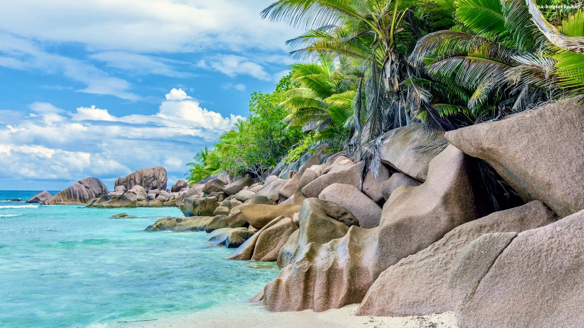 Skały, Seszele, Anse Cocos, Palmy, Plaża, Wyspa La Digue