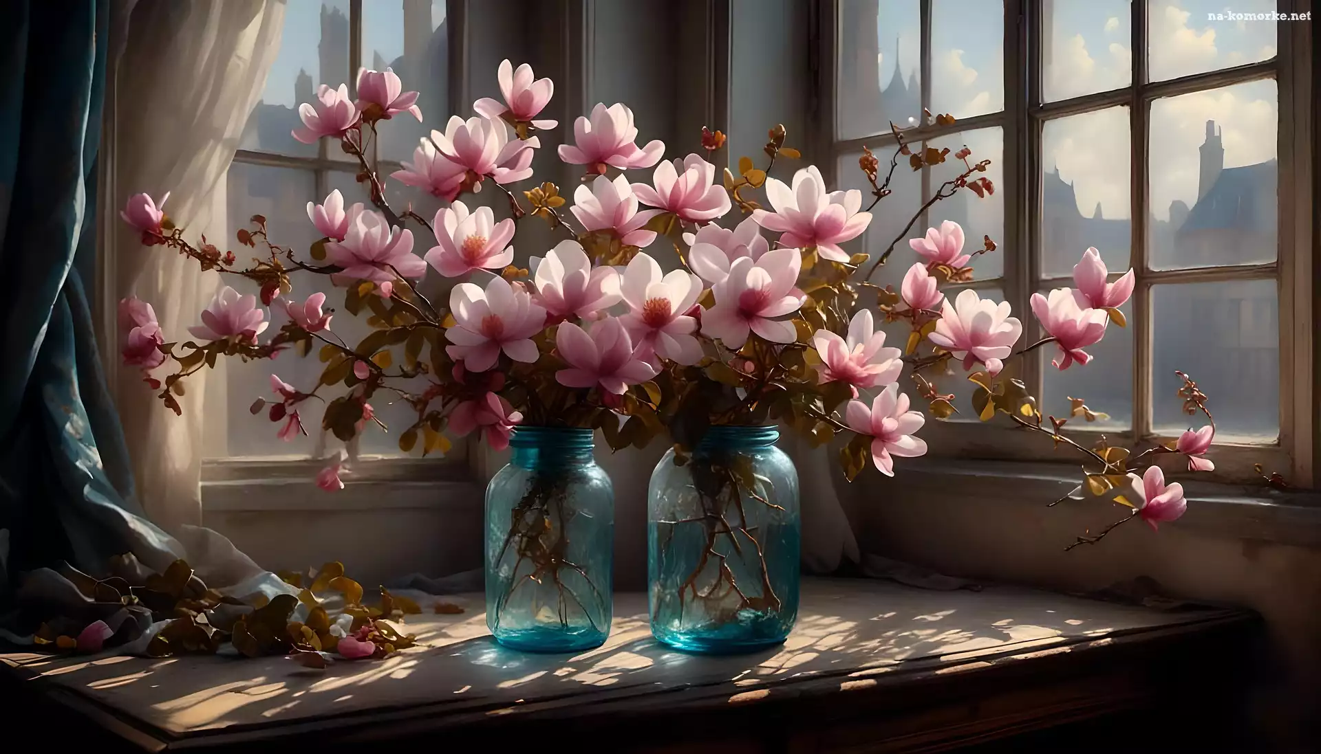 Kwiaty, Słoiki, Stół, Magnolia, Okno