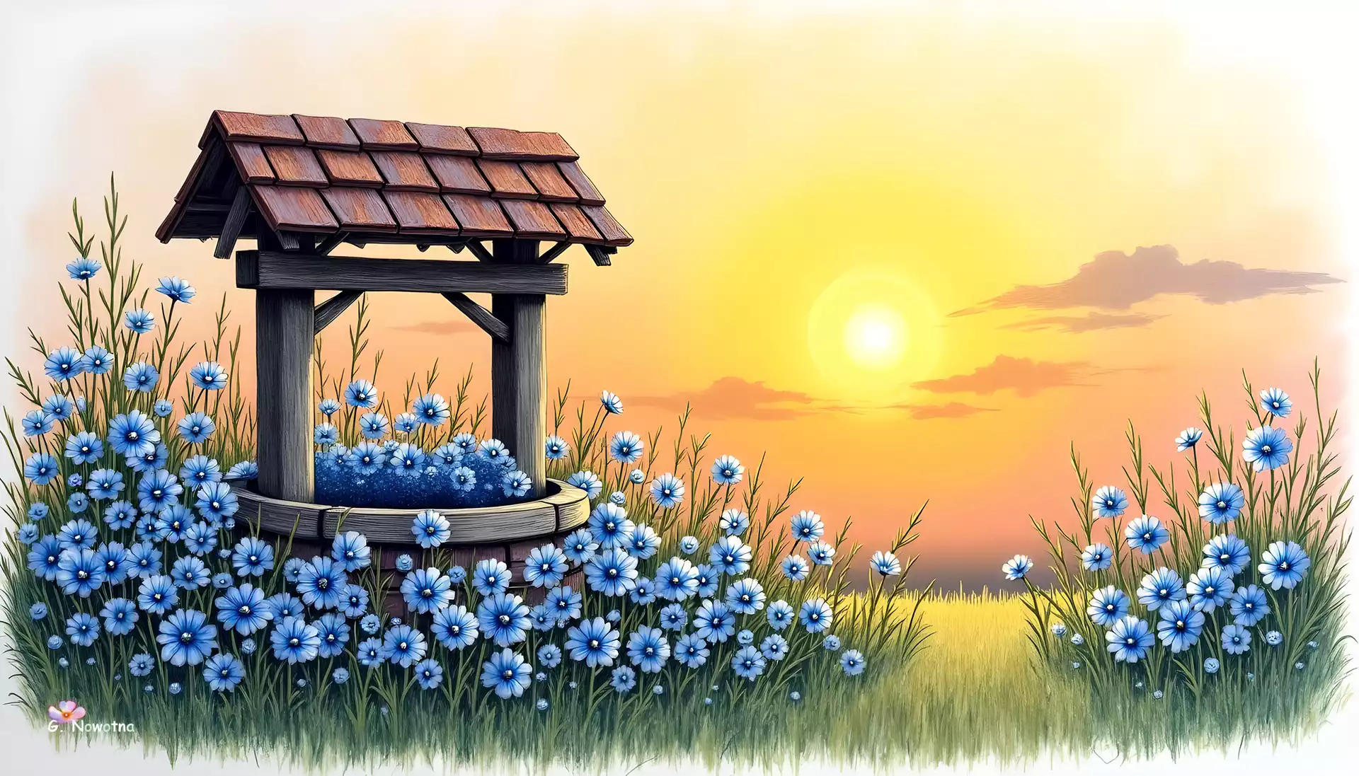 Niebieskie, Studnia, Zachód słońca, Kwiaty, 2D
