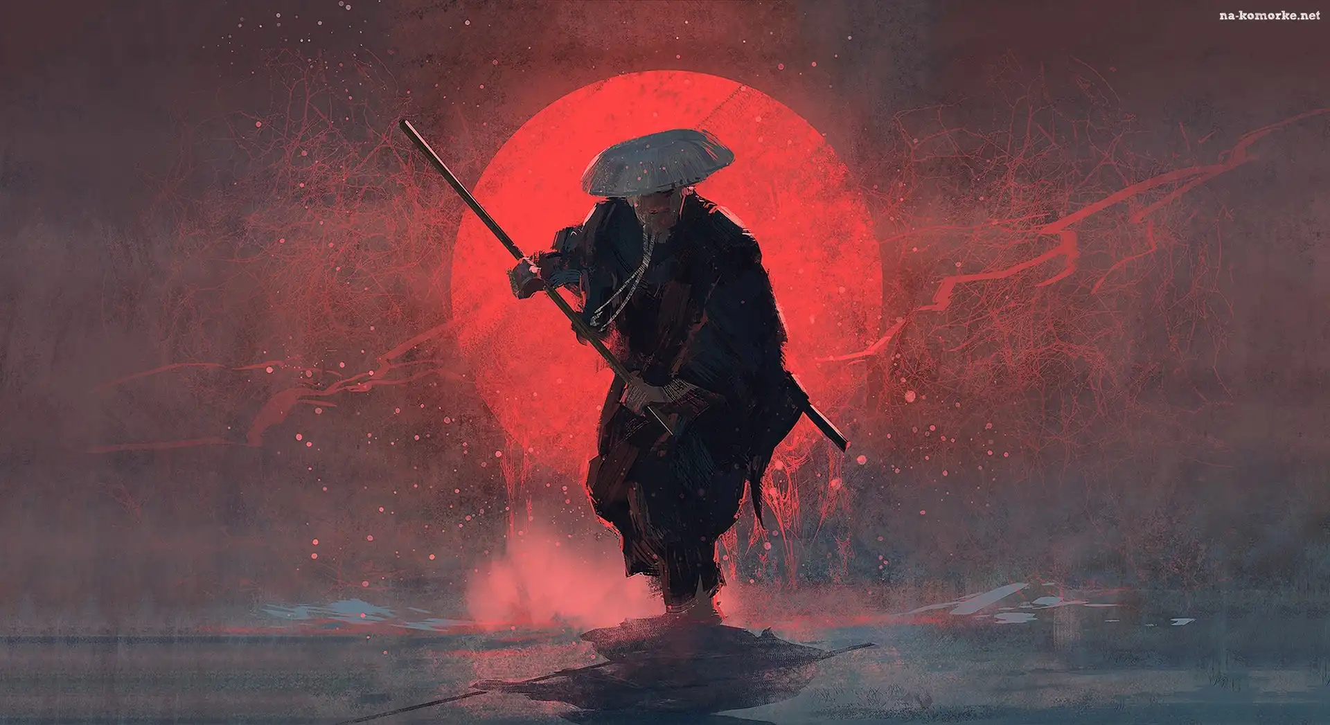 Zachód słońca, Paintography, Digital art, Samuraj, Kij bo