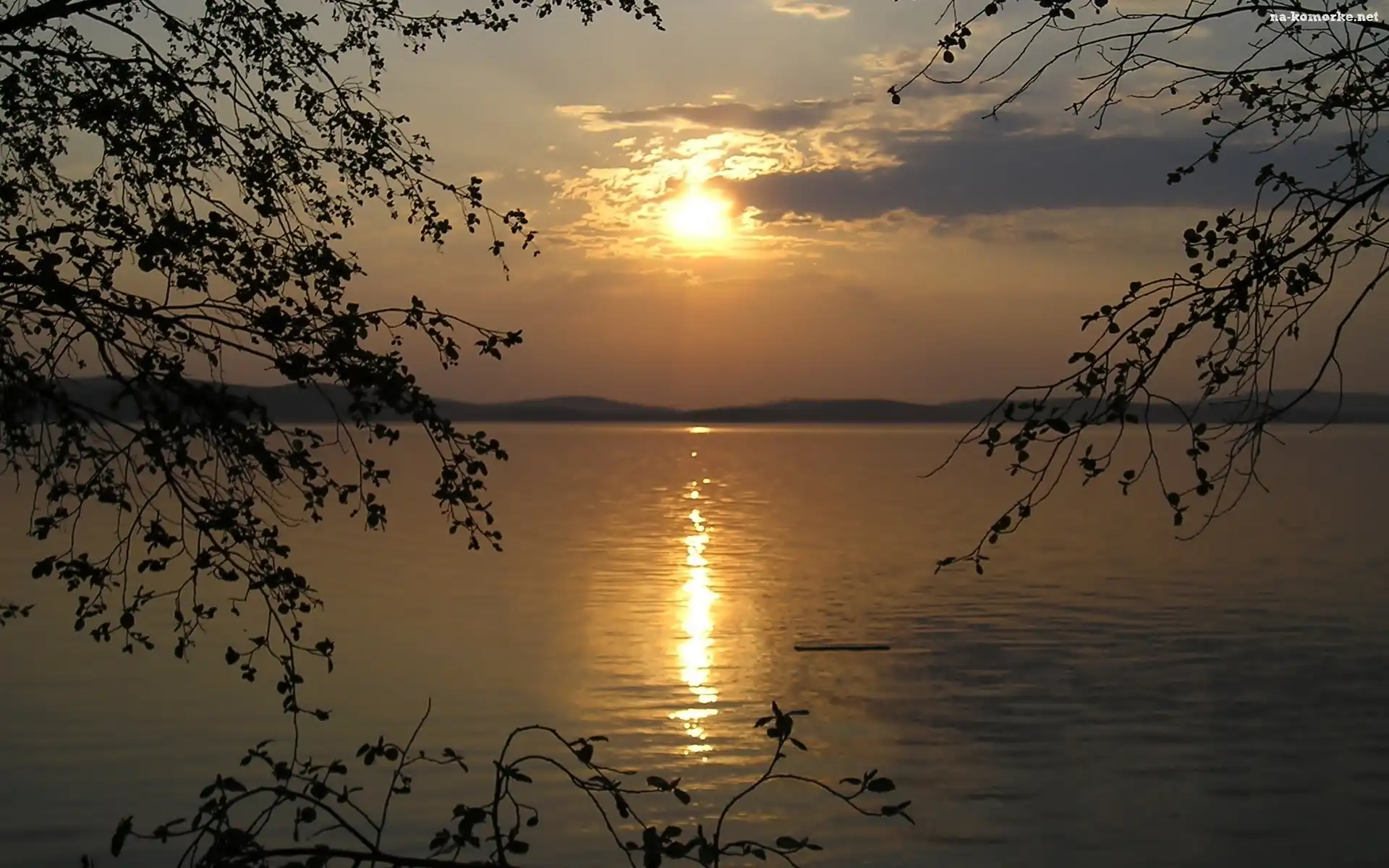 Słońca, Jezioro, Drzewa, Góry, Zachód