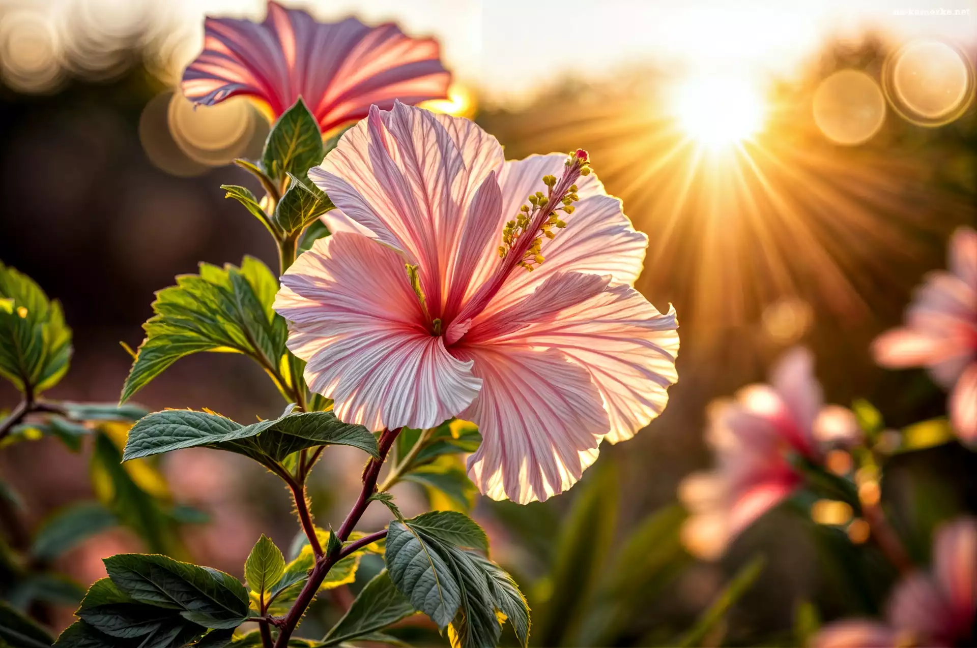 Hibiskus, Liście, Promienie słońca, Kwiat, Grafika