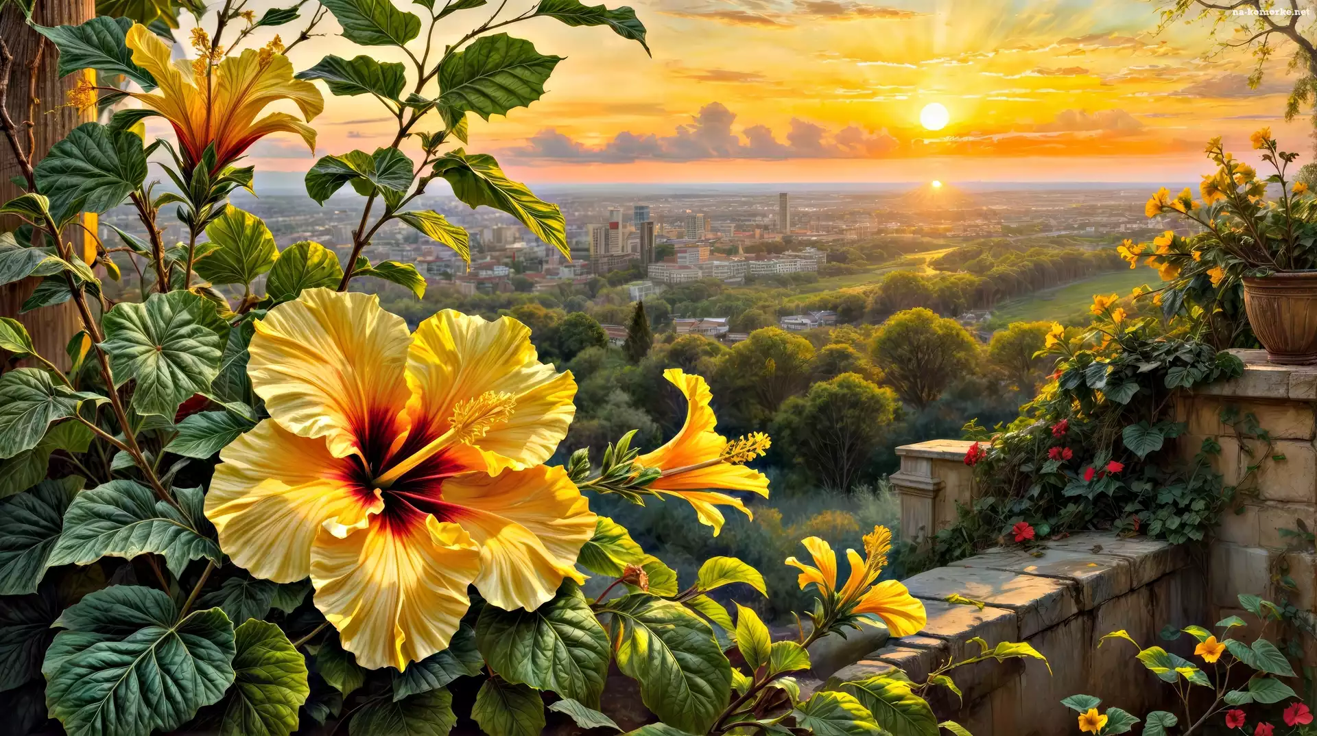 Hibiskus, Widok, Zachód słońca, Kwiaty, Grafika