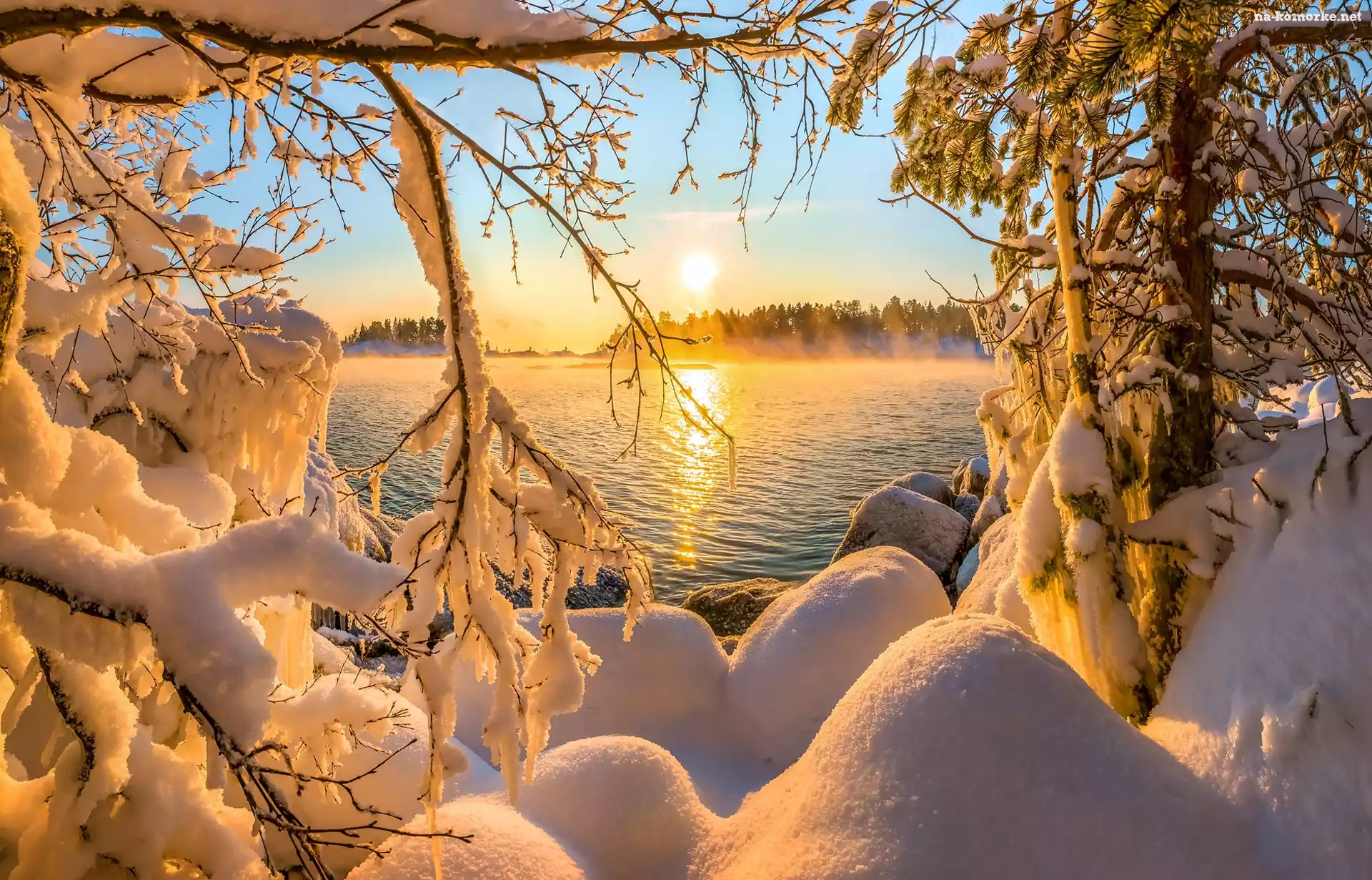 Zima, Zachód słońca, Gałęzie, Jezioro, Ośnieżone, Drzewa, Śnieg, Las, Mgła, Niebo
