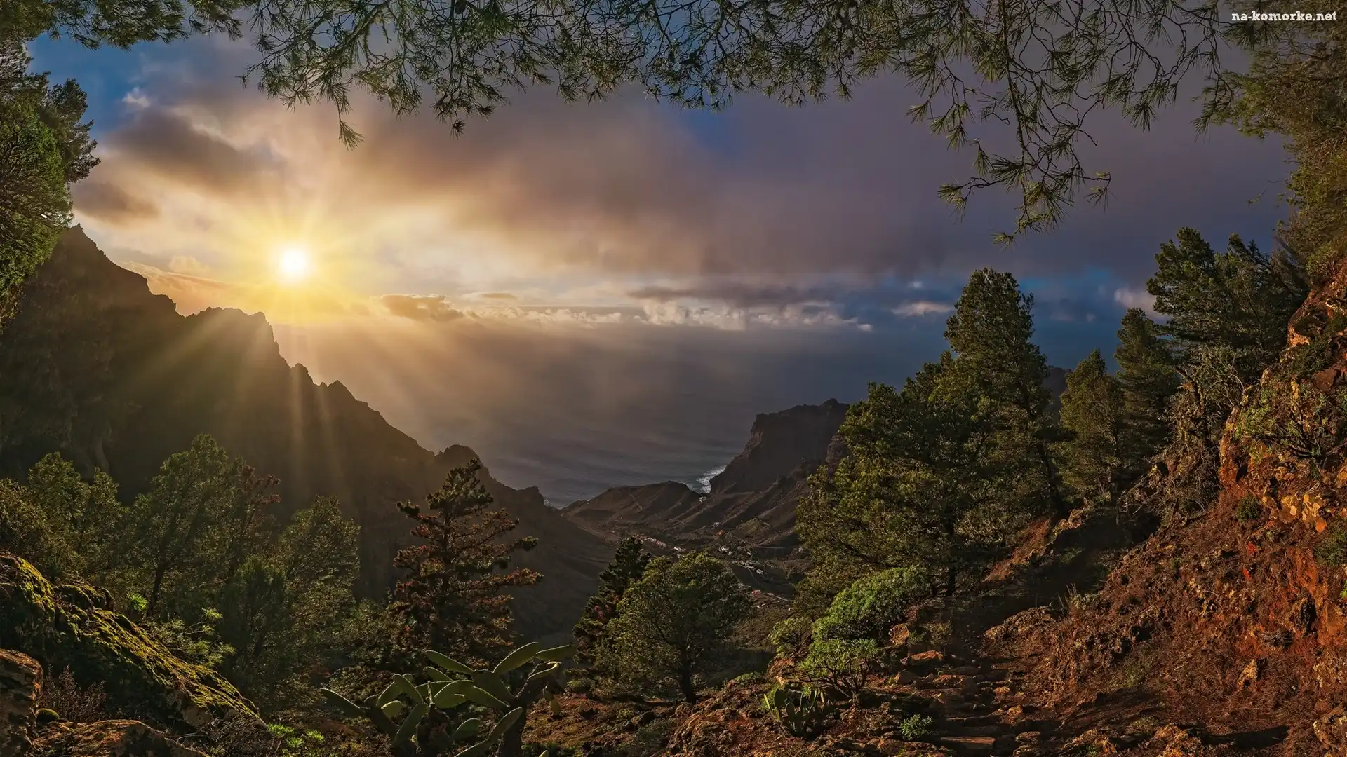 Morze, Wyspa La Gomera, Wyspy Kanaryjskie, Góry, Promienie słońca