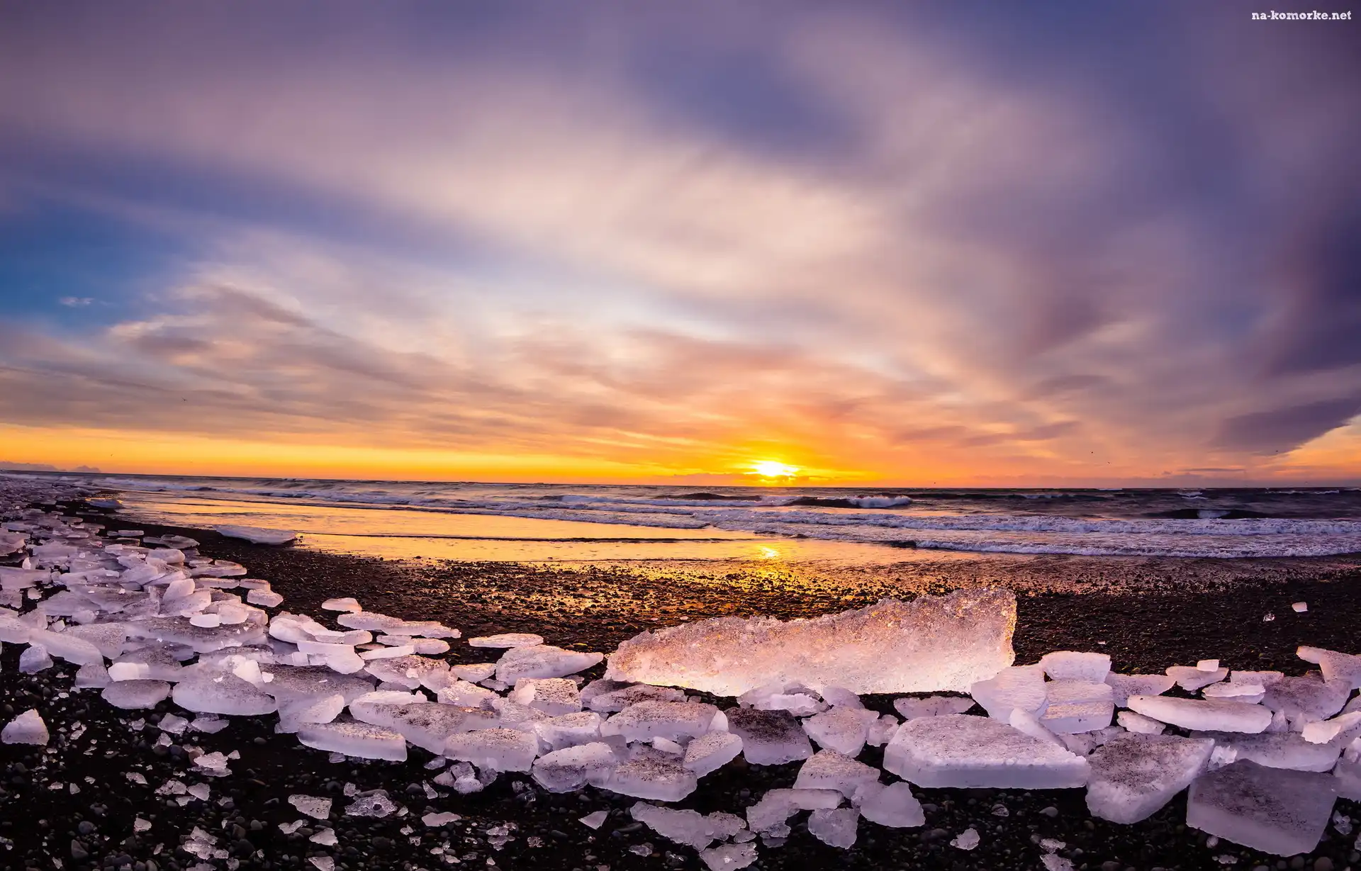Lód, Islandia, Laguna Jökulsárlón, Morze, Zachód słońca
