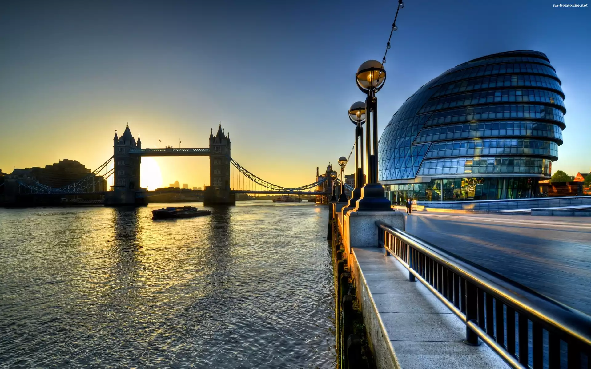 Słońca, Tower Bridge, Tamiza, Londyn, Zachód