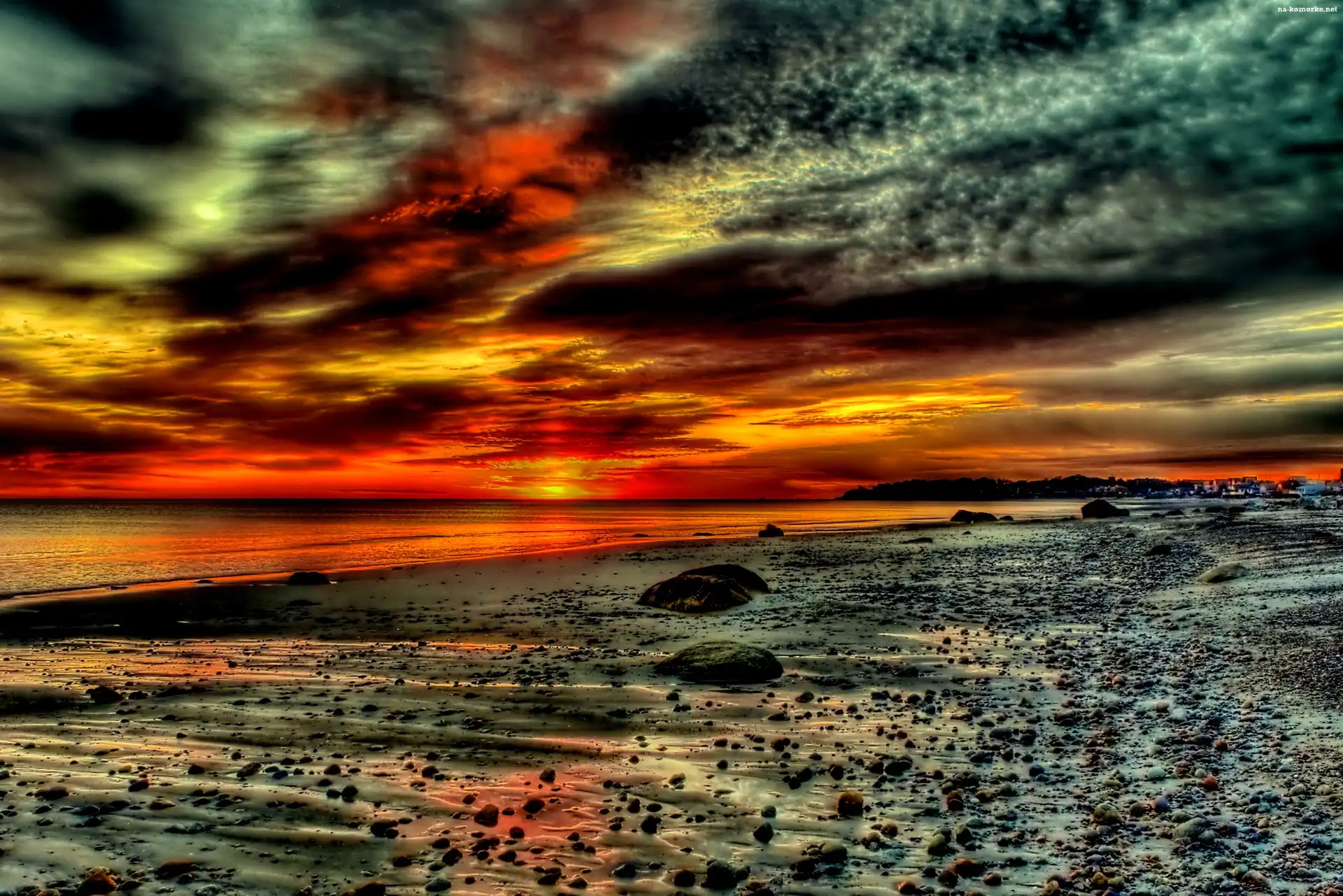 Słońca, Chmury, Morze, Plaża, Zachód