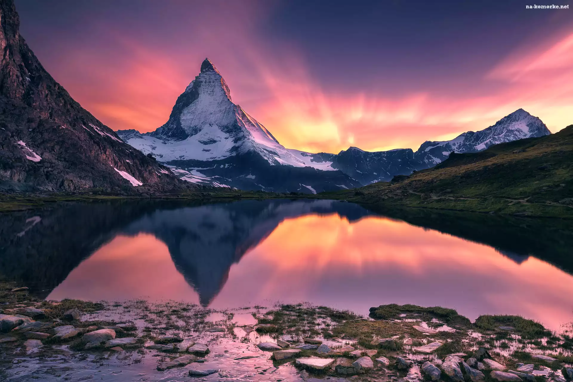 Jezioro, Góry Alpy Zachodnie, Szwajcaria, Odbicie, Szczyt Matterhorn, Zachód słońca