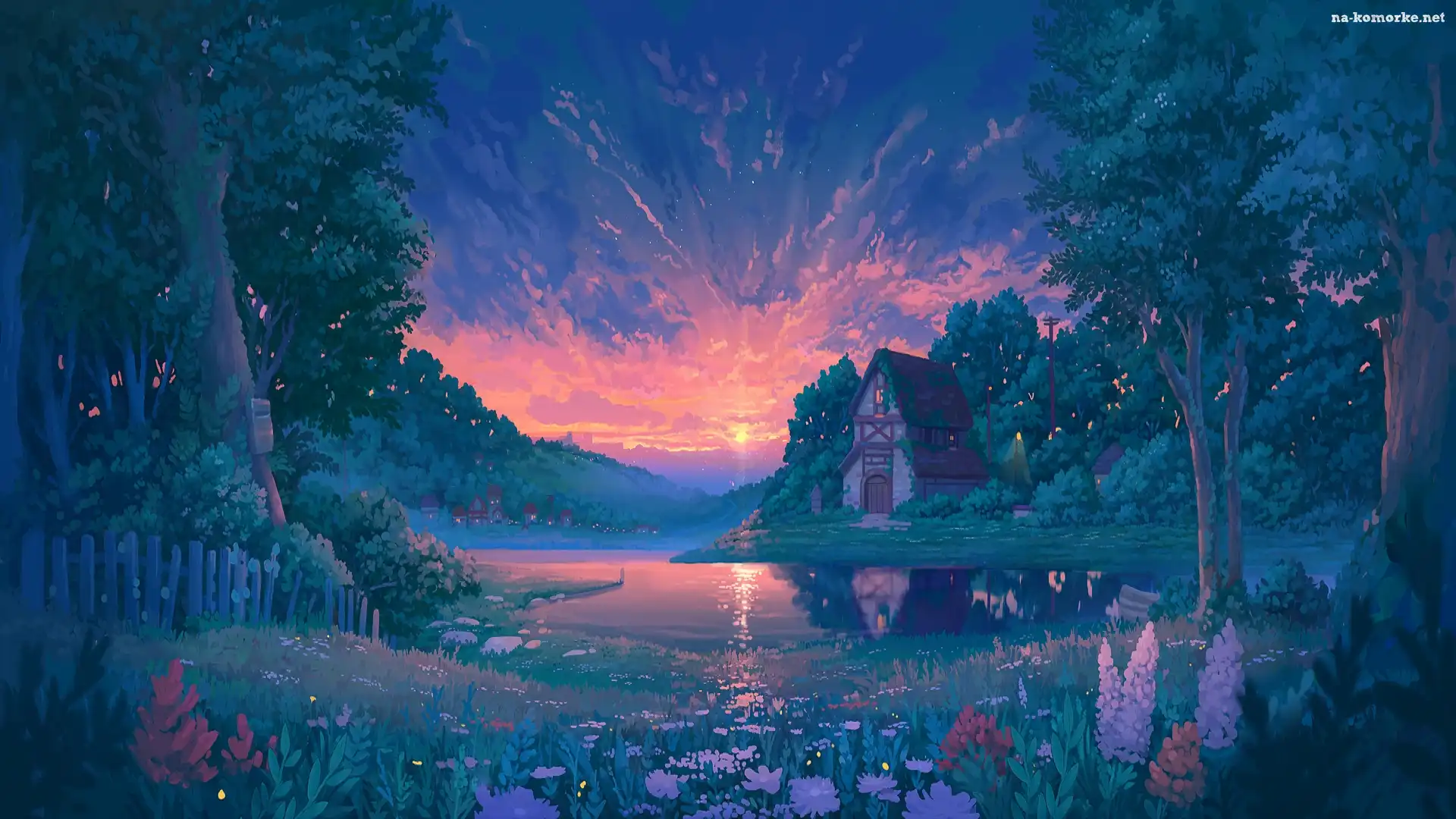 Wschód słońca, Jezioro, Dom, Grafika, Drzewa, Kwiaty