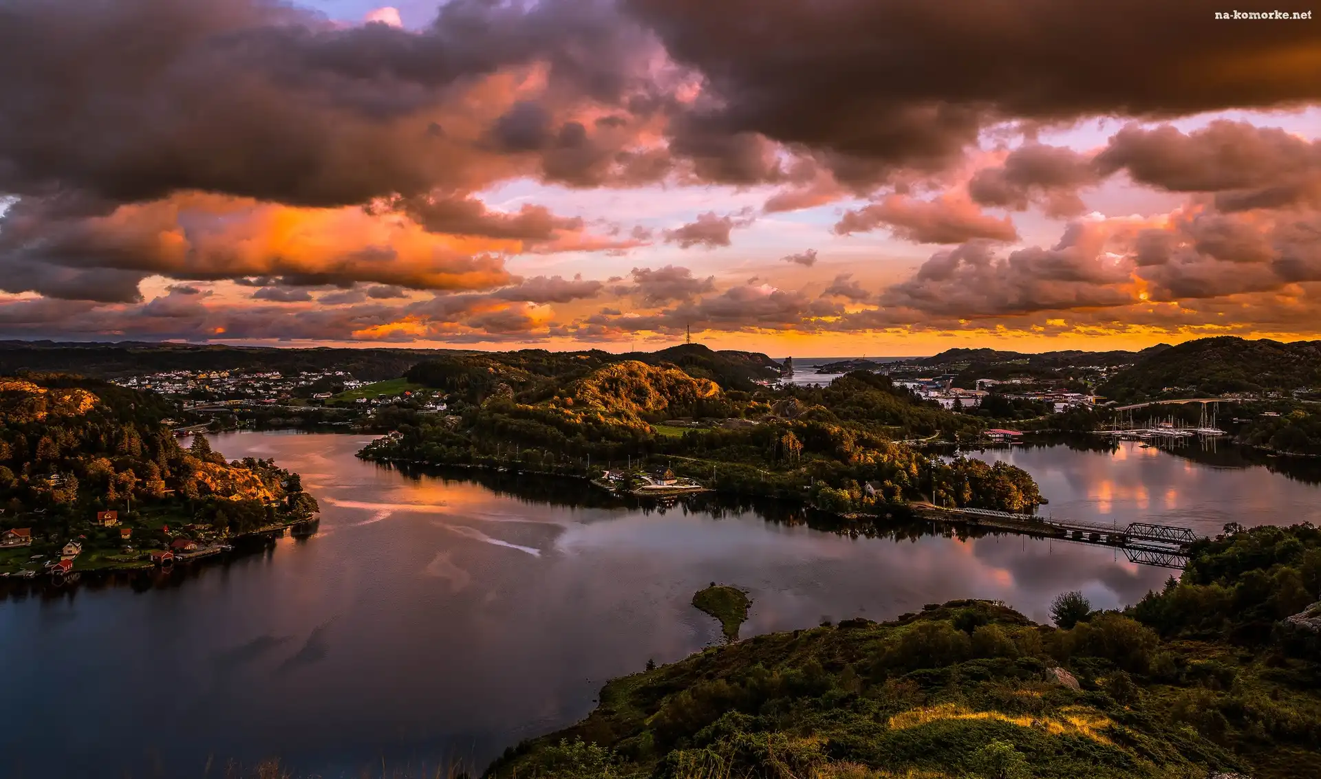 Zachód Słońca, Most, Rzeka, Norwegia, Wzgórza, Egersund