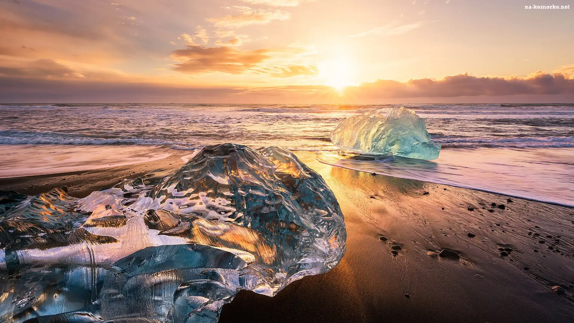 Zachód słońca, Islandia, Jezioro Jokulsarlon, Bryły, Lód