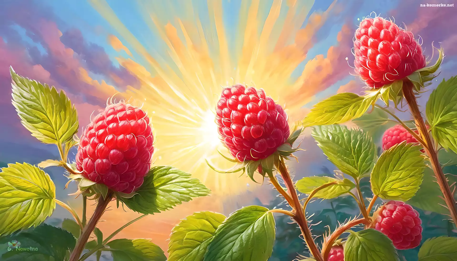 Maliny, Słońce, Owoce, Liście, Grafika