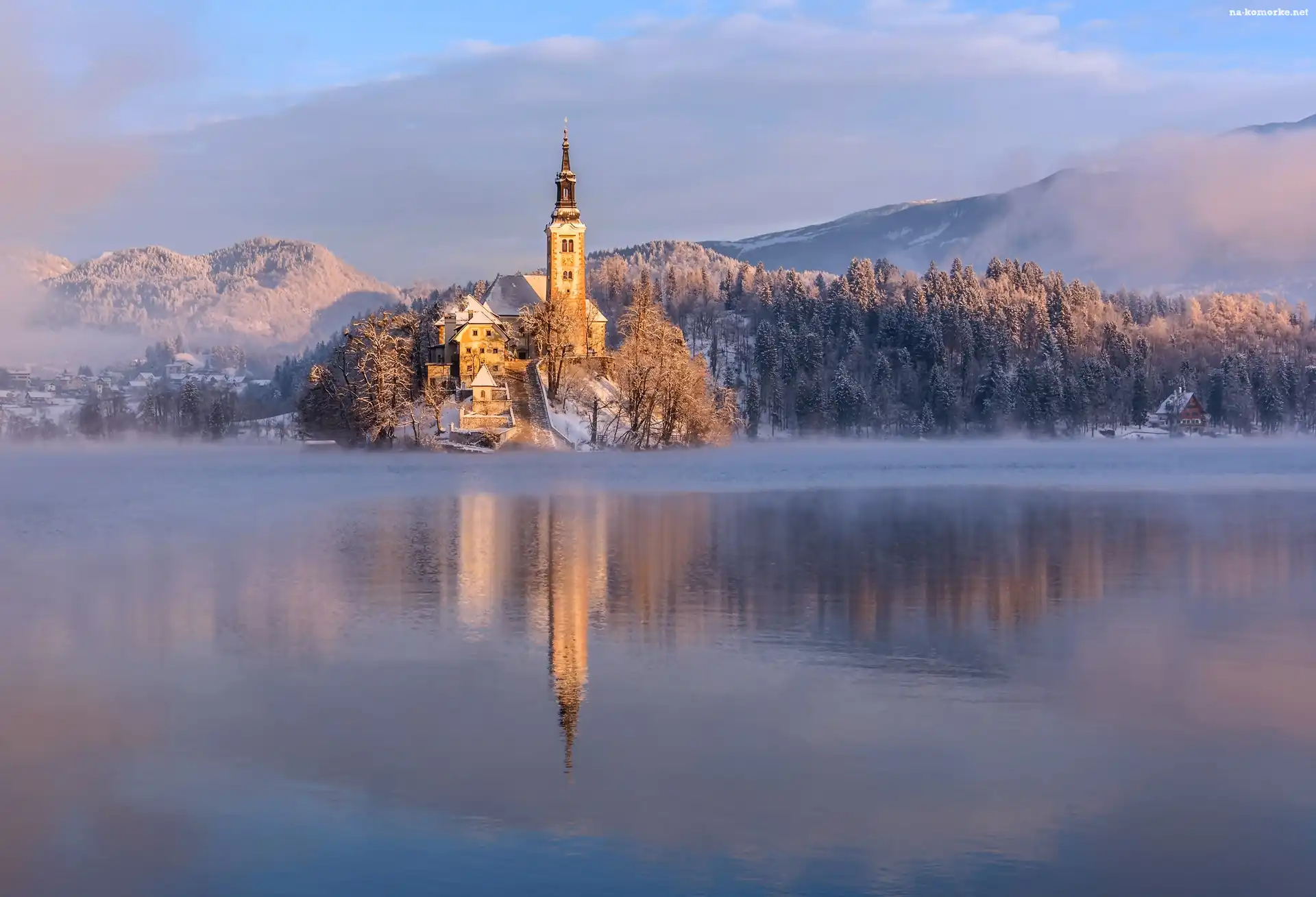 Słowenia, Kościół, Jezioro Bled, Zima