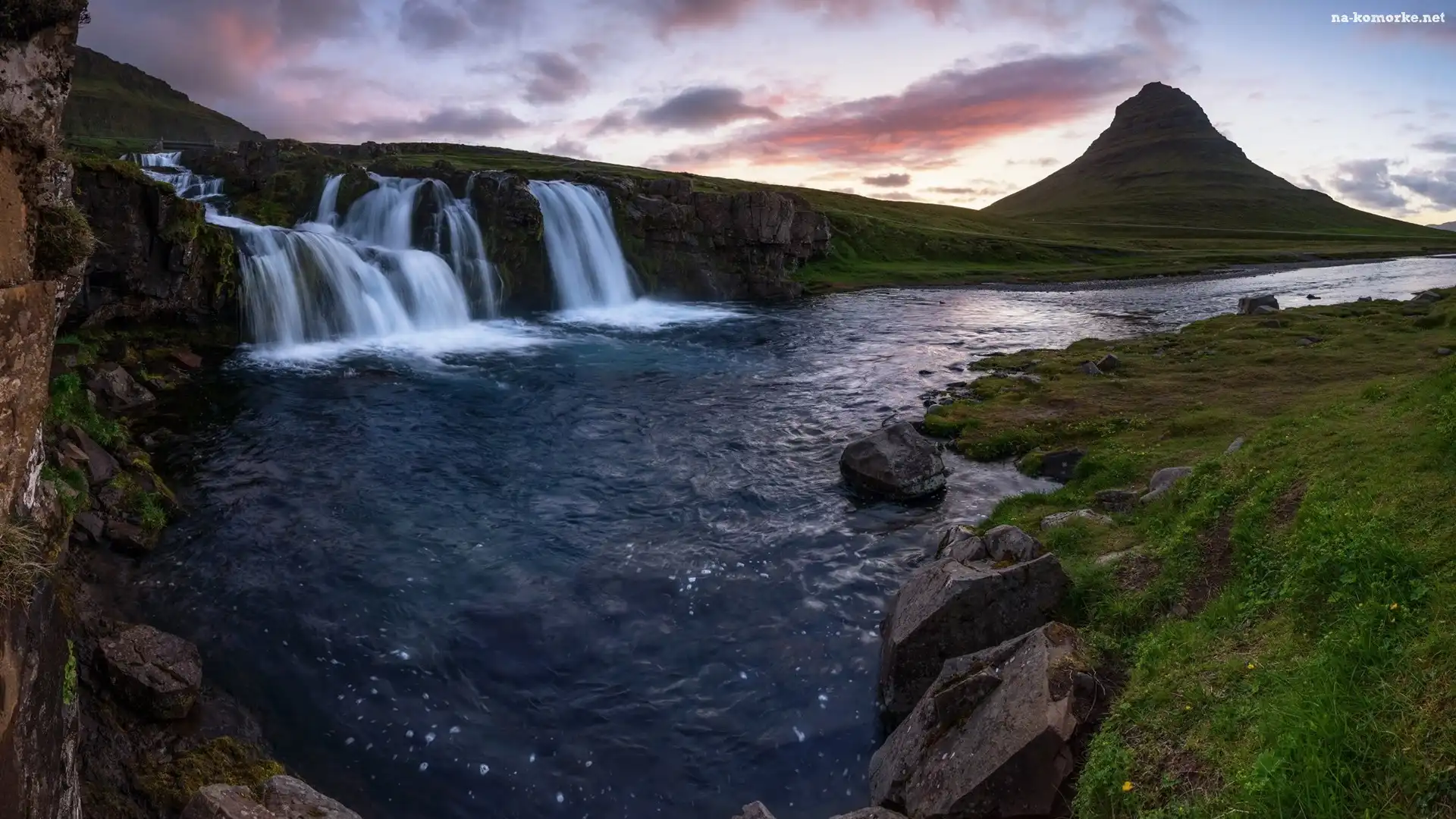 Chmury, Rzeka, Góra Kirkjufell, Islandia, Wodospad Kirkjufellsfoss, Półwysep Snaefellsnes