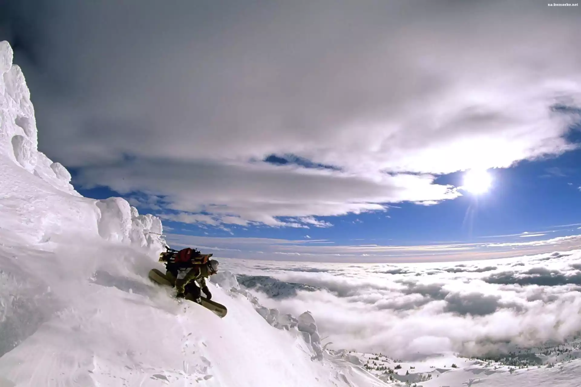 Snowboard, Śnieg, Stok, Chmury
