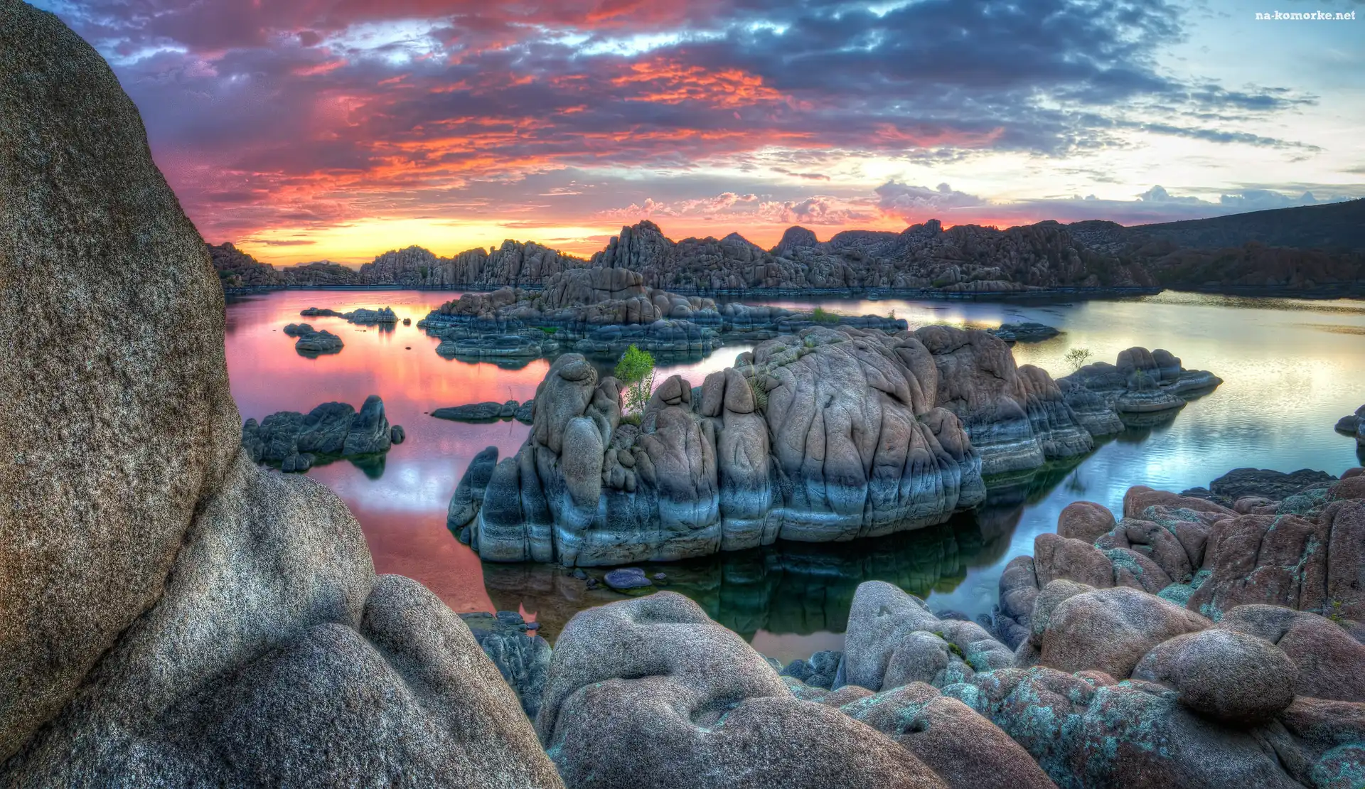 Stany Zjednoczone, Skały, Zachód słońca, Stan Arizona, Granite Dells, Jezioro Watson, Góry