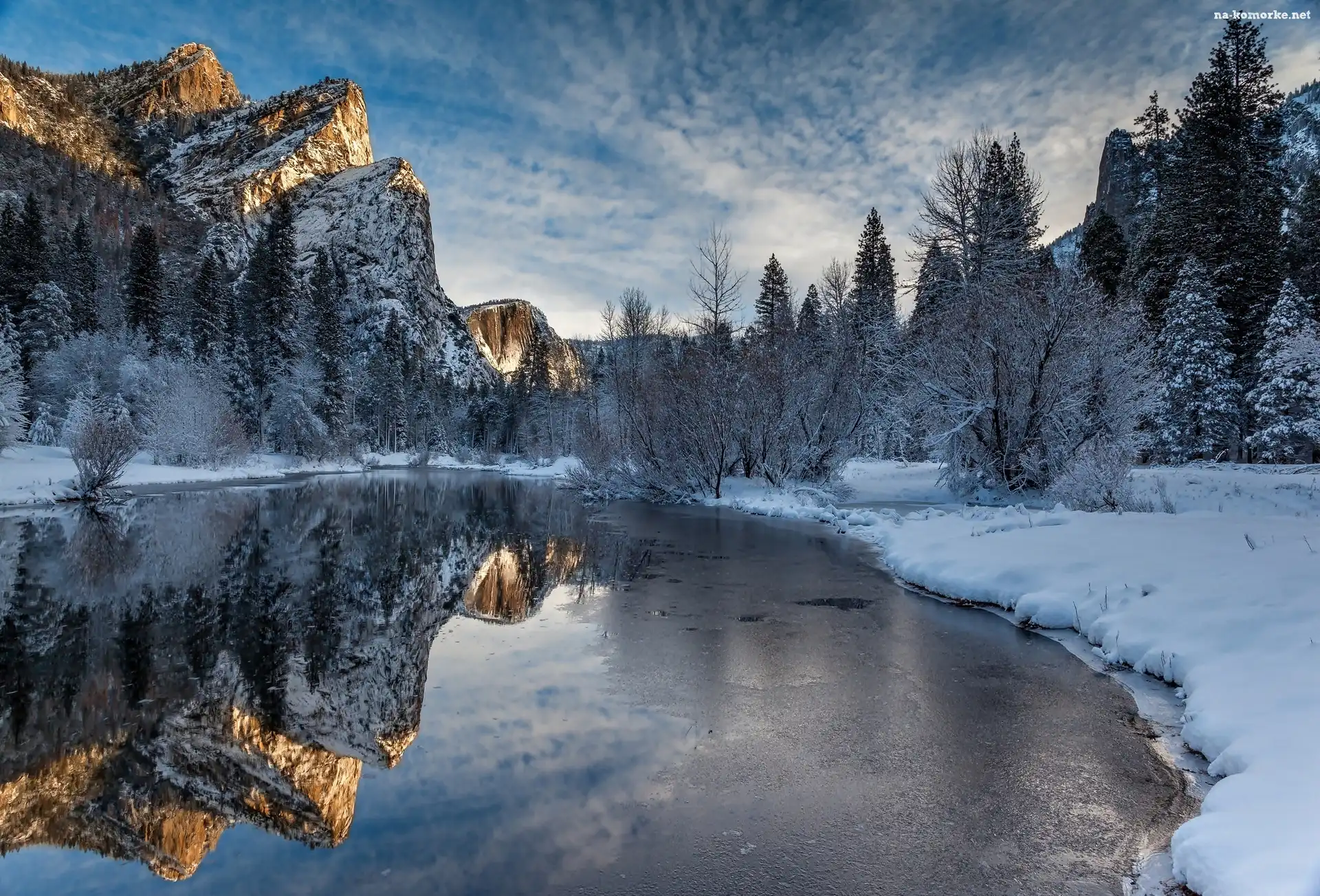 Stany Zjednoczone, Las, Rzeka Merced, Stan Kalifornia, Park Narodowy Yosemite, Zima, Góry