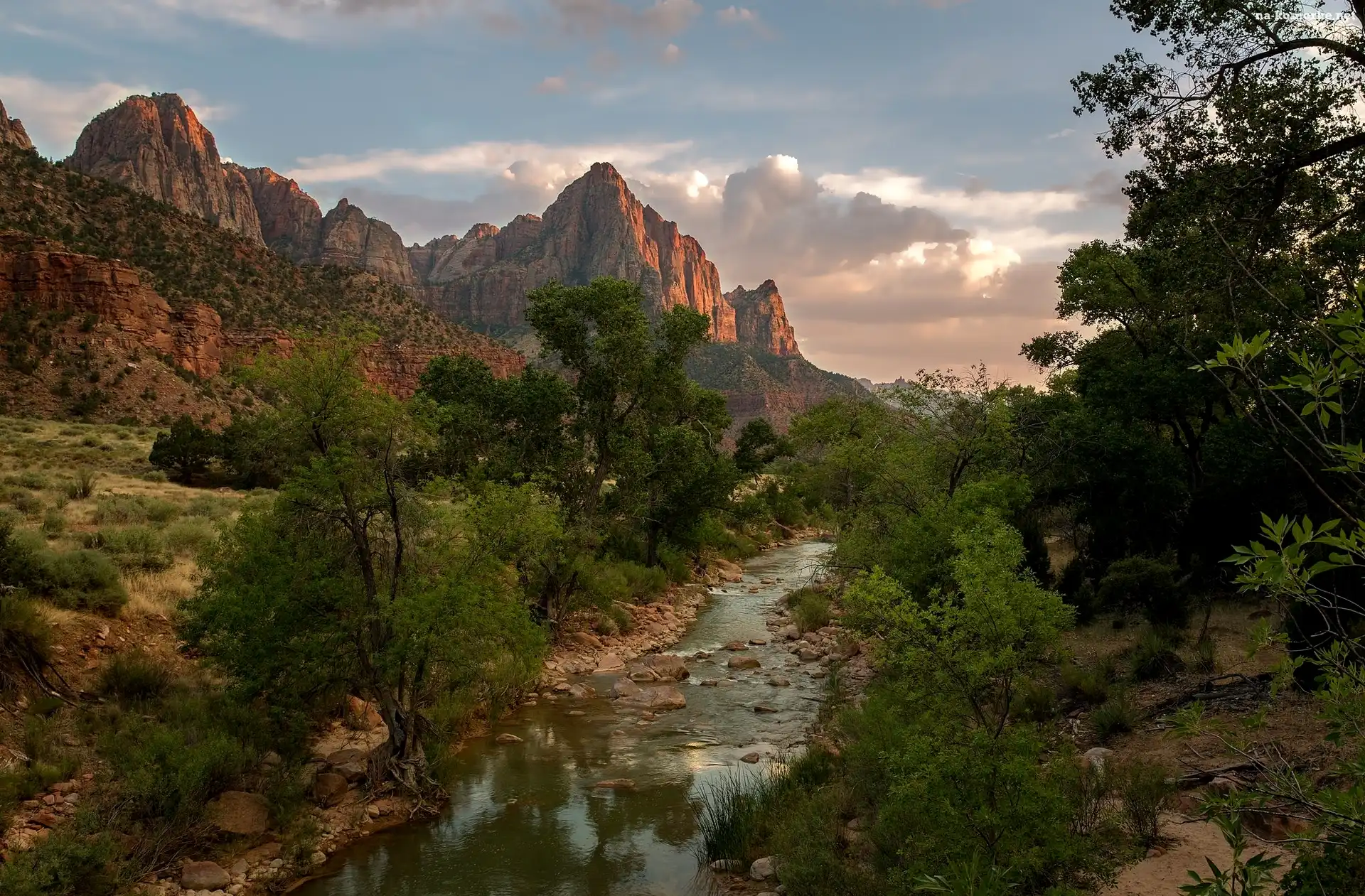 Stan Utah, Góry Watchman, Park Narodowy Zion, Drzewa, Rzeka Virgin River, Stany Zjednoczone