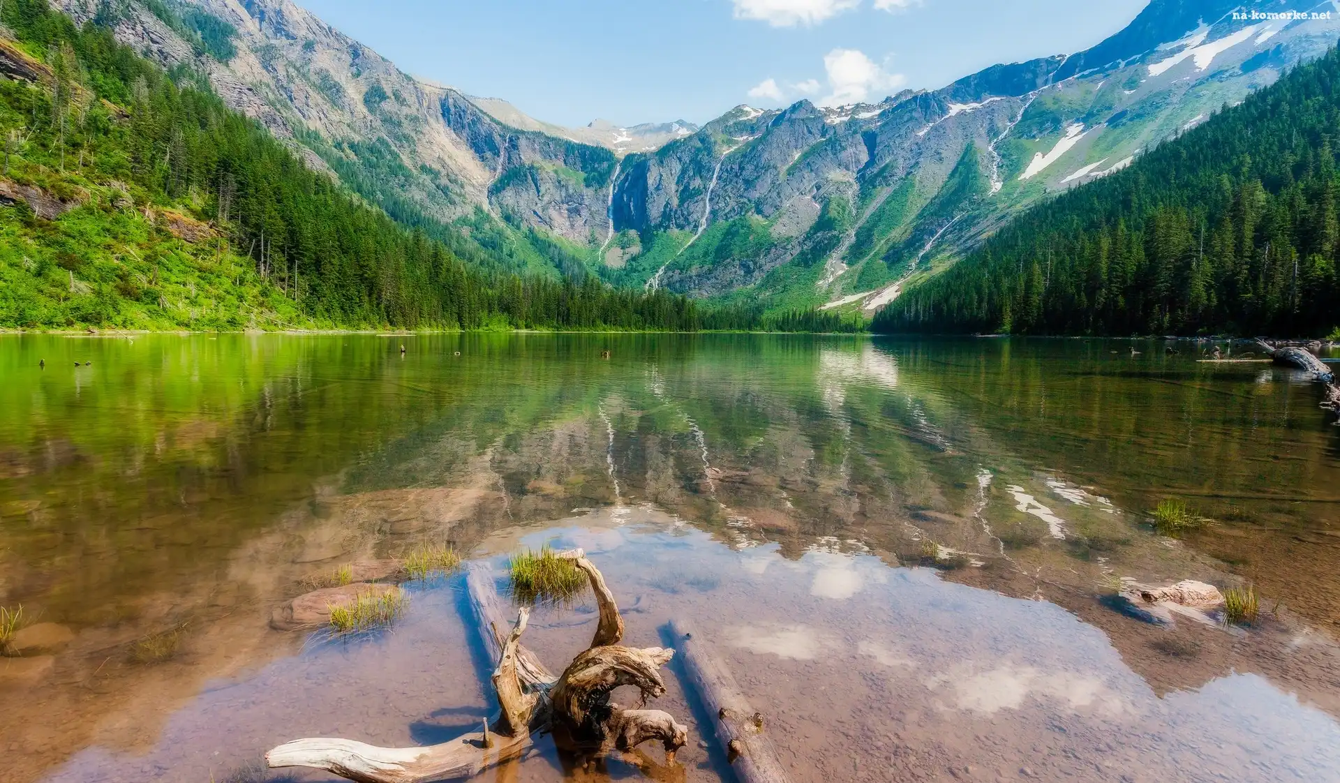 Jezioro Hidden Lake, Stan Montana, Stany Zjednoczone, Drzewa, Park Narodowy Glacier, Góry