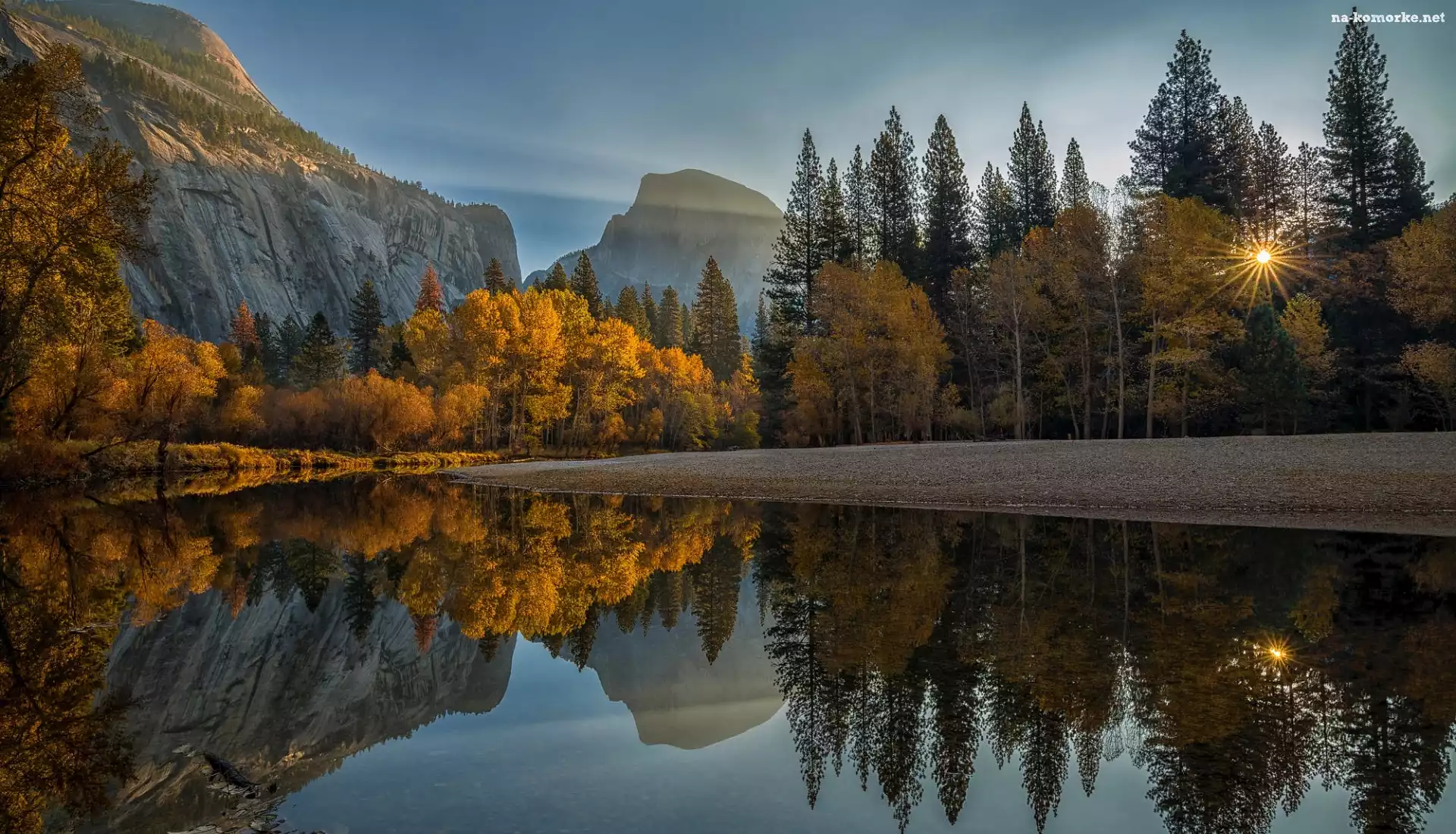 Stany Zjednoczone, Drzewa, Park Narodowy Yosemite, Promienie słońca, Kalifornia, Góry Sierra Nevada, Rzeka Merced, Kamienie