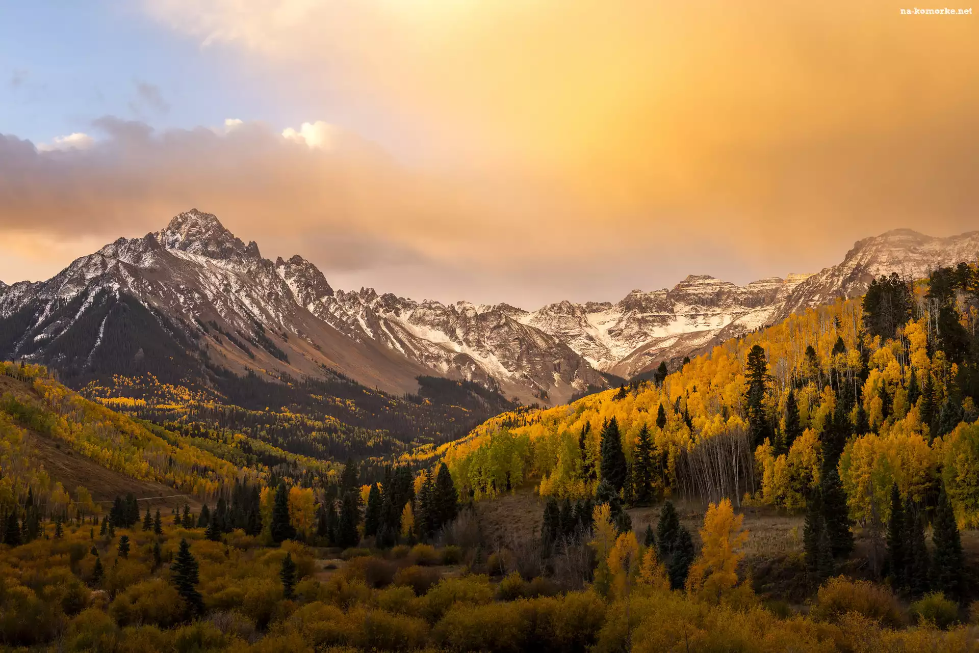 Wschód słońca, Góry, Stany Zjednoczone, Las, Drzewa, Kolorowe, Jesień, Mount Sneffels, Stan Kolorado