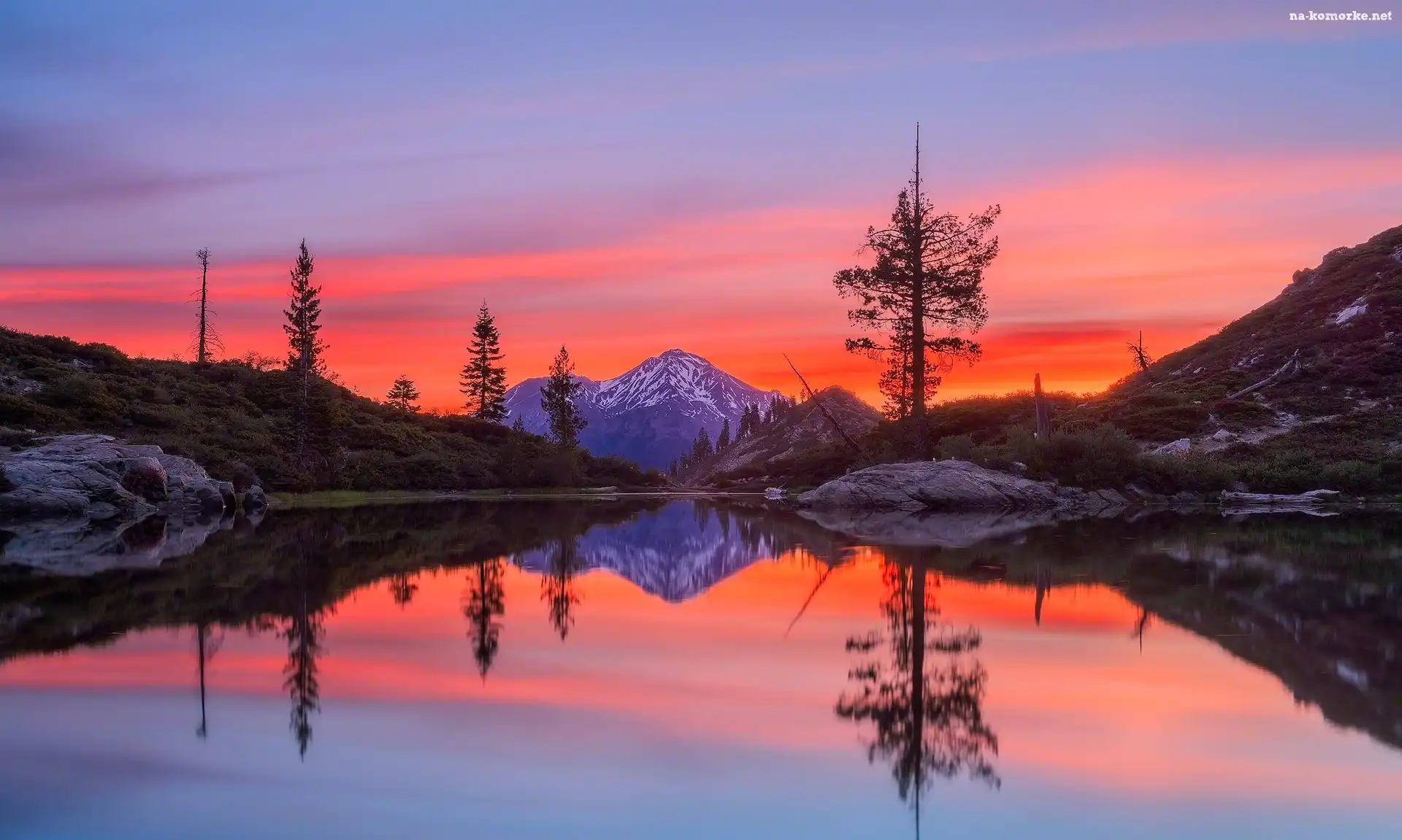 Stany Zjednoczone, Drzewa, Góry, Odbicie, Stan Kalifornia, Stratowulkan Mount Shasta, Jezioro Castle Lake, Zachód słońca