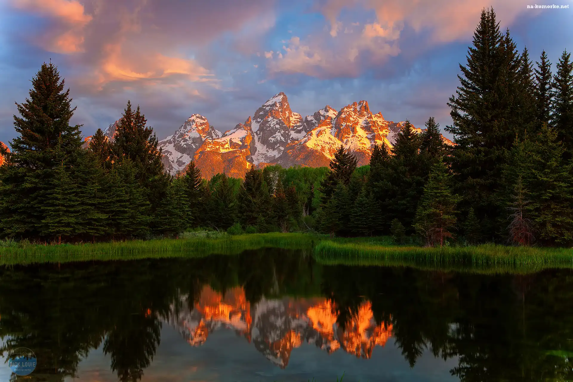 Stany Zjednoczone, Drzewa, Park Narodowy Grand Teton, Zachód słońca, Stan Wyoming, Rzeka Snake River, Góry Teton Range, Odbicie