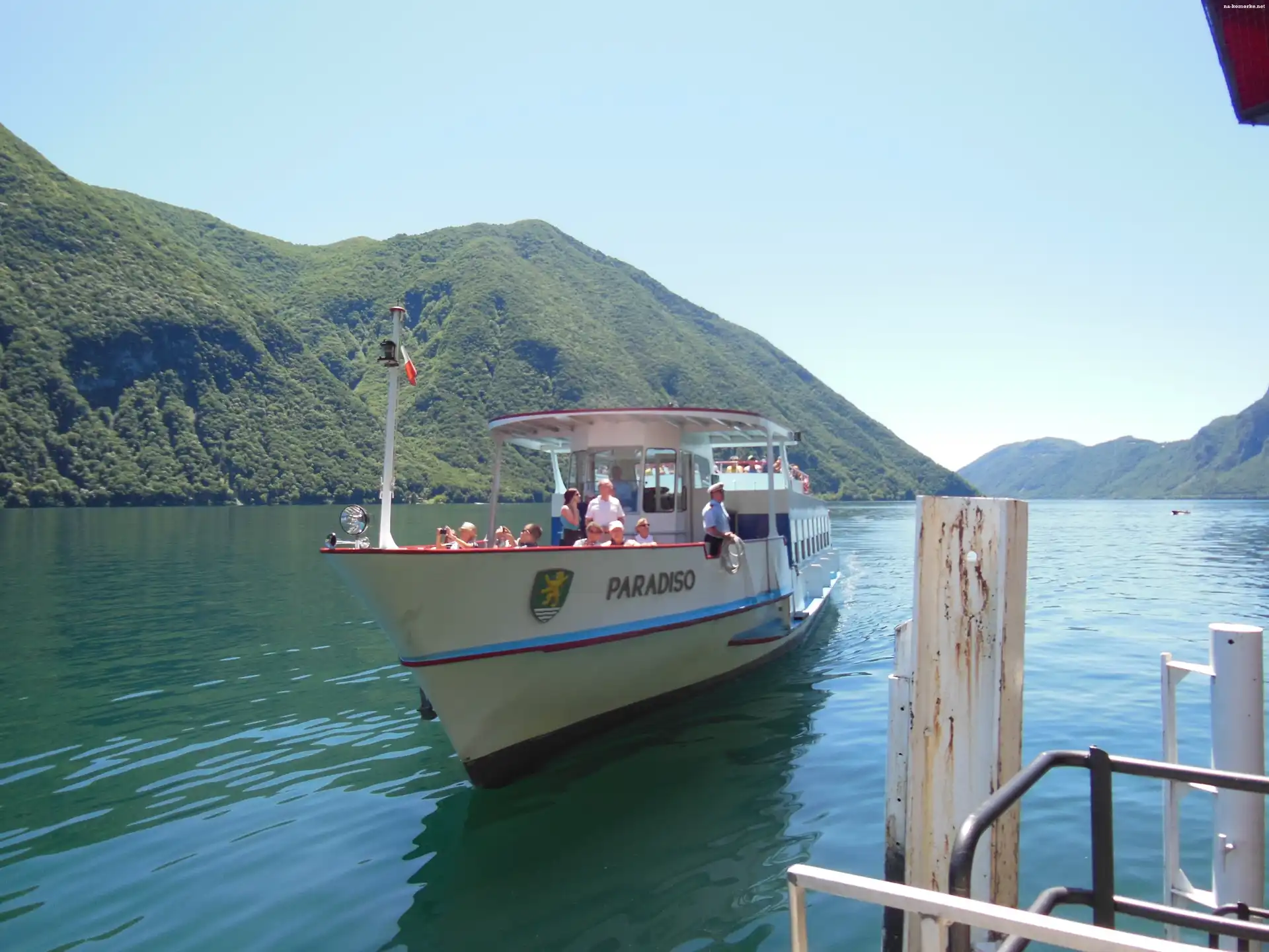 Statek, Lugano, Gandria, Góry, Szwajcaria, Woda