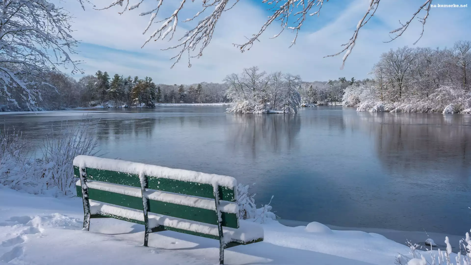 Staw, Park, Zima, Chmury, Ławka, Drzewa
