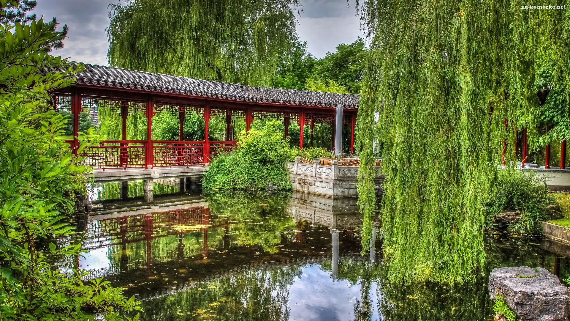 Mostek, Staw, Park, Wierzby płaczące, Zadaszony, Drzewa
