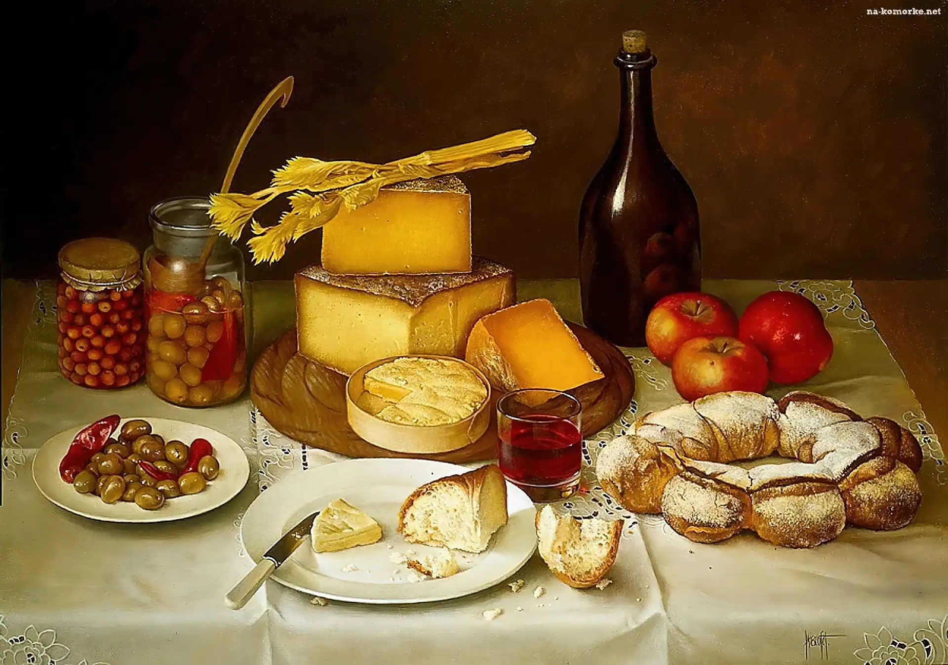 Stół, Ser, Wino, Ciasta, Owoce