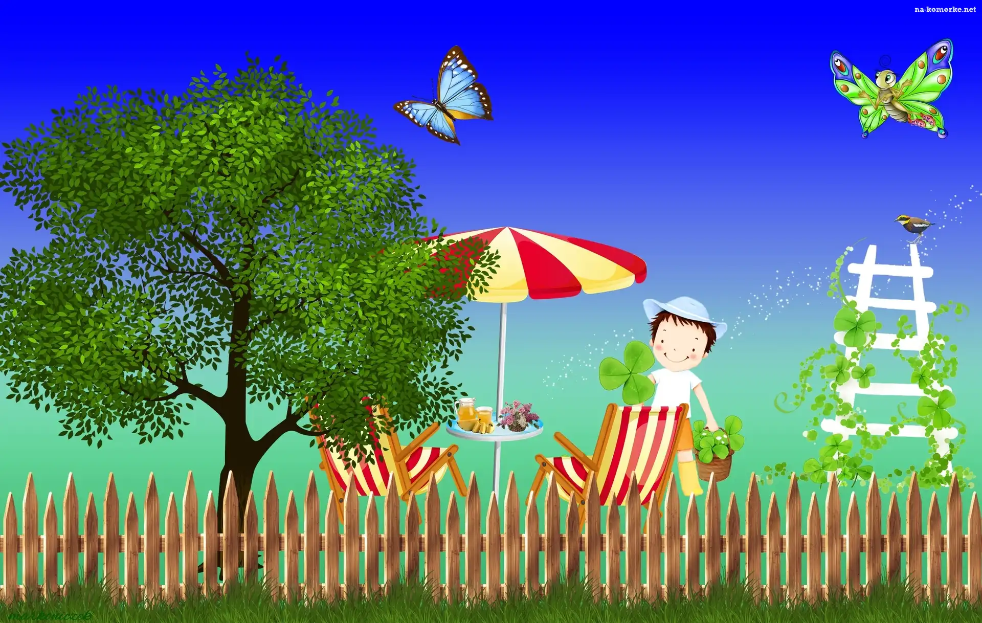 Grafika, Stolik, Drzewo, Krzesła, Ogród, Motylki, Płot, Parasol