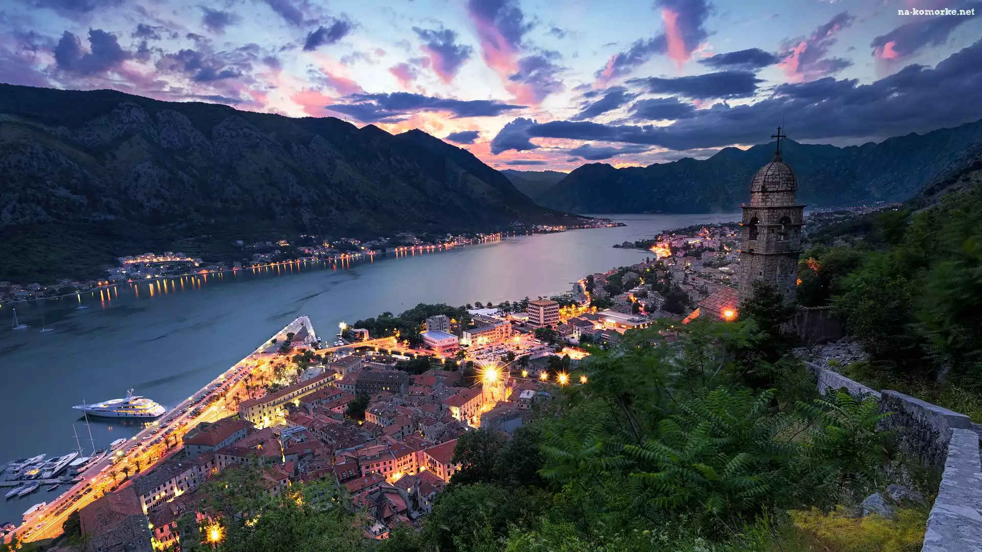 Światła, Zatoka Kotorska, Góry, Czarnogóra, Kotor, Domy, Stare Miasto