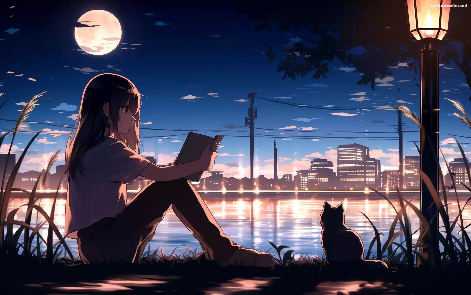 Miasto, Panorama, Anime, Światło, Dziewczyna, Kot, Wieczór