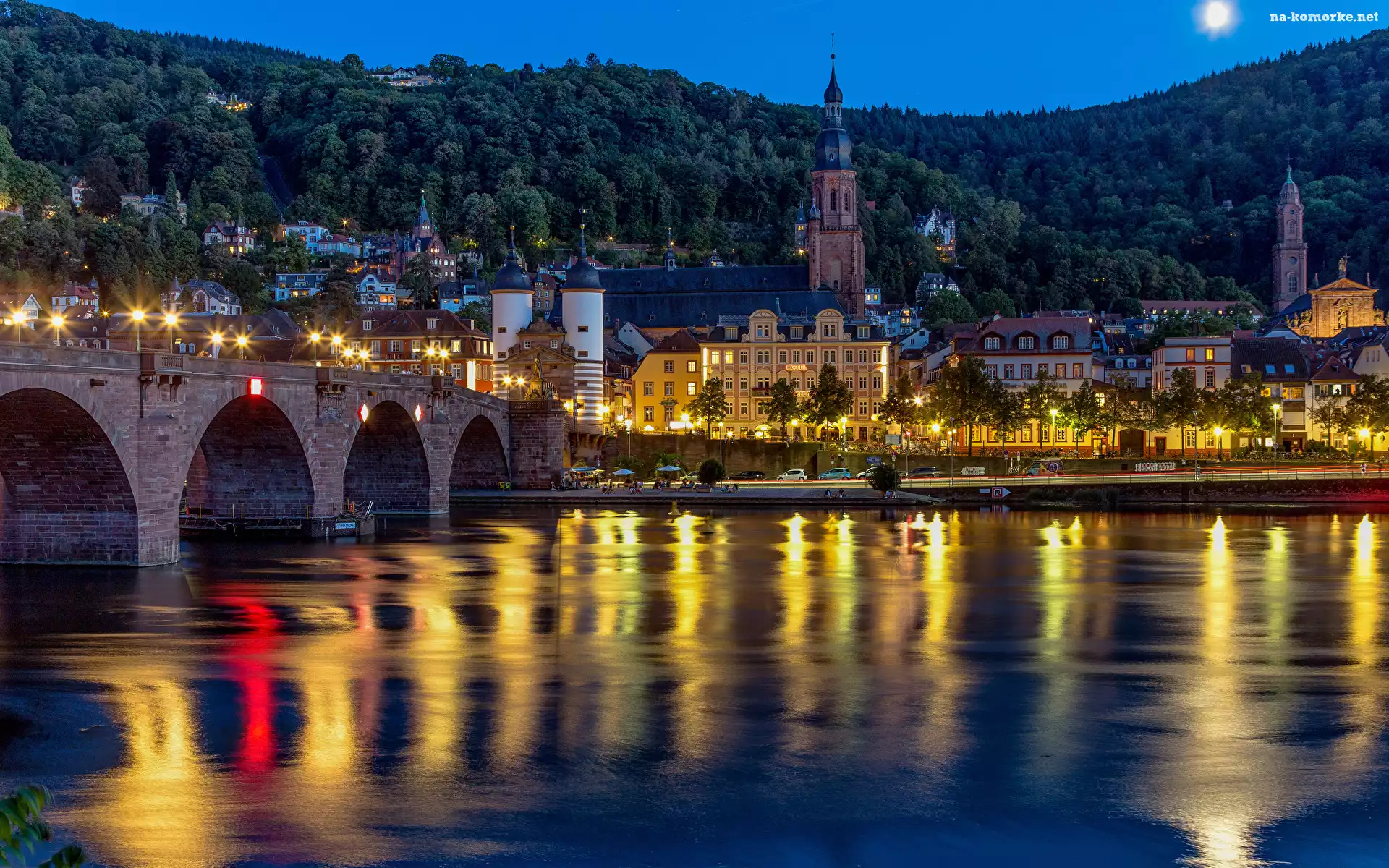 Światło, Domy, Odbicie, Rzeka Neckar, Most, Heidelberg, Niemcy, Kościół, Noc