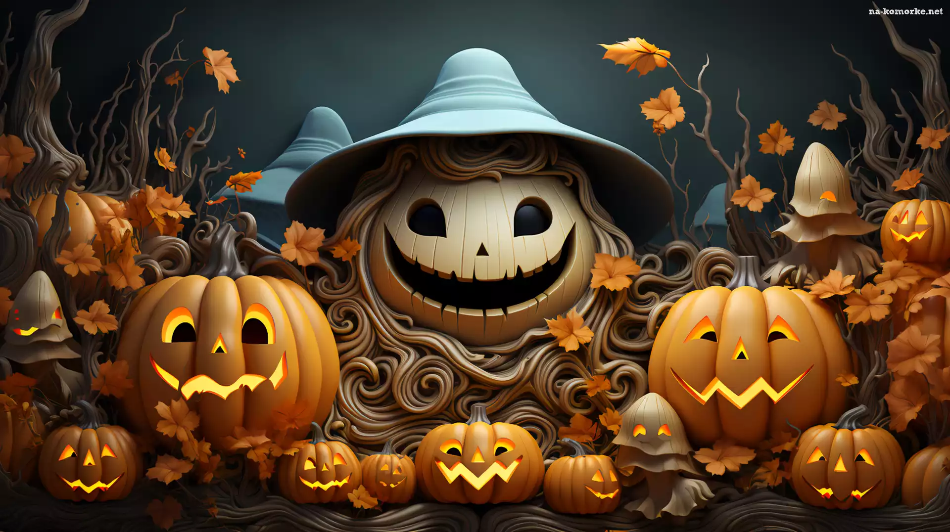 Dynie, Liście, Duszek, Halloween, Kapelusz, Grafika, Uśmiechnięty, Świecące