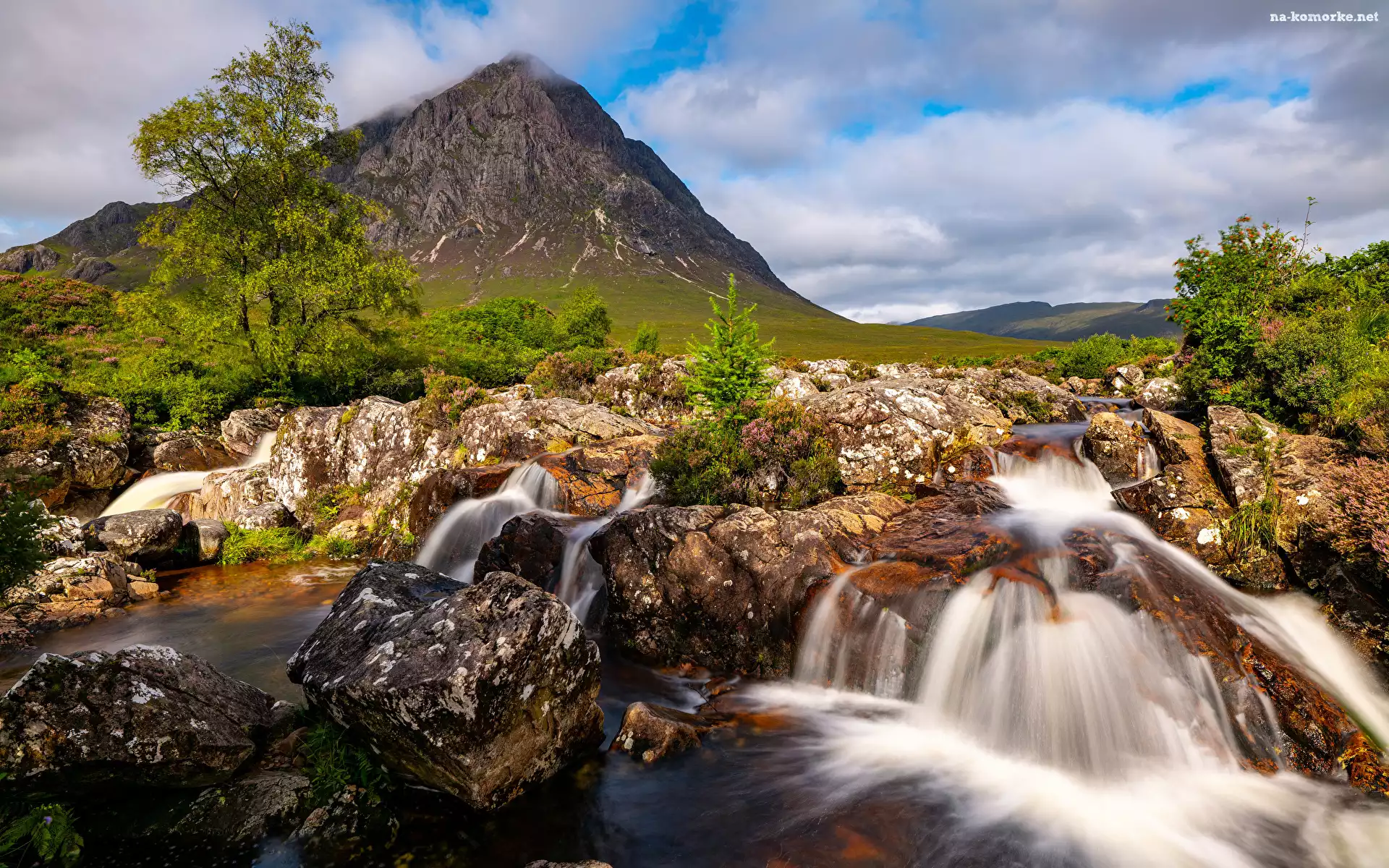 Buachaille Etive Mor, Drzewa, Coupall River, Szkocja, Kamienie, Chmury, Rzeka, Góry