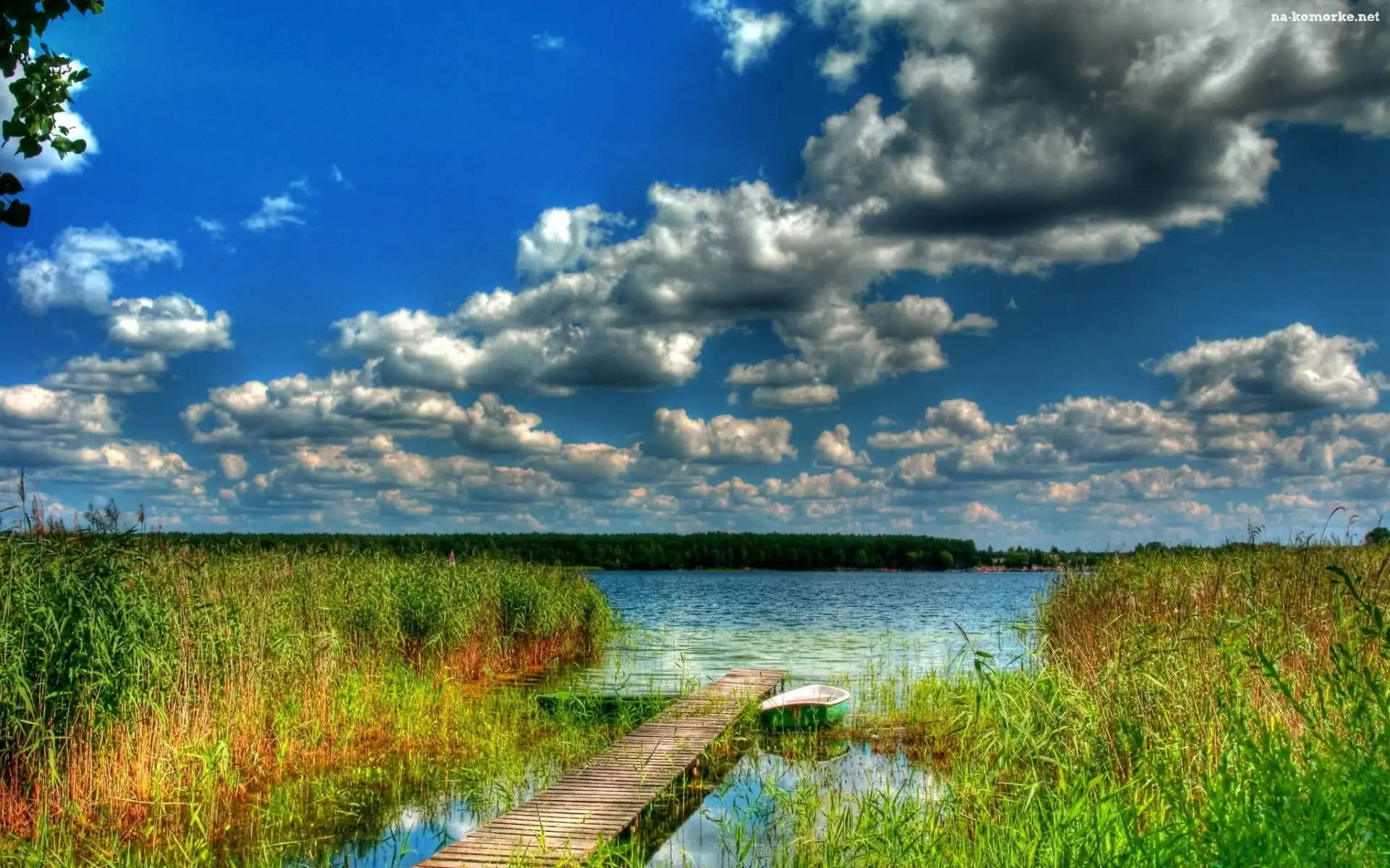 Szuwary, Pomost, Jezioro, Chmury, Łódka, Las