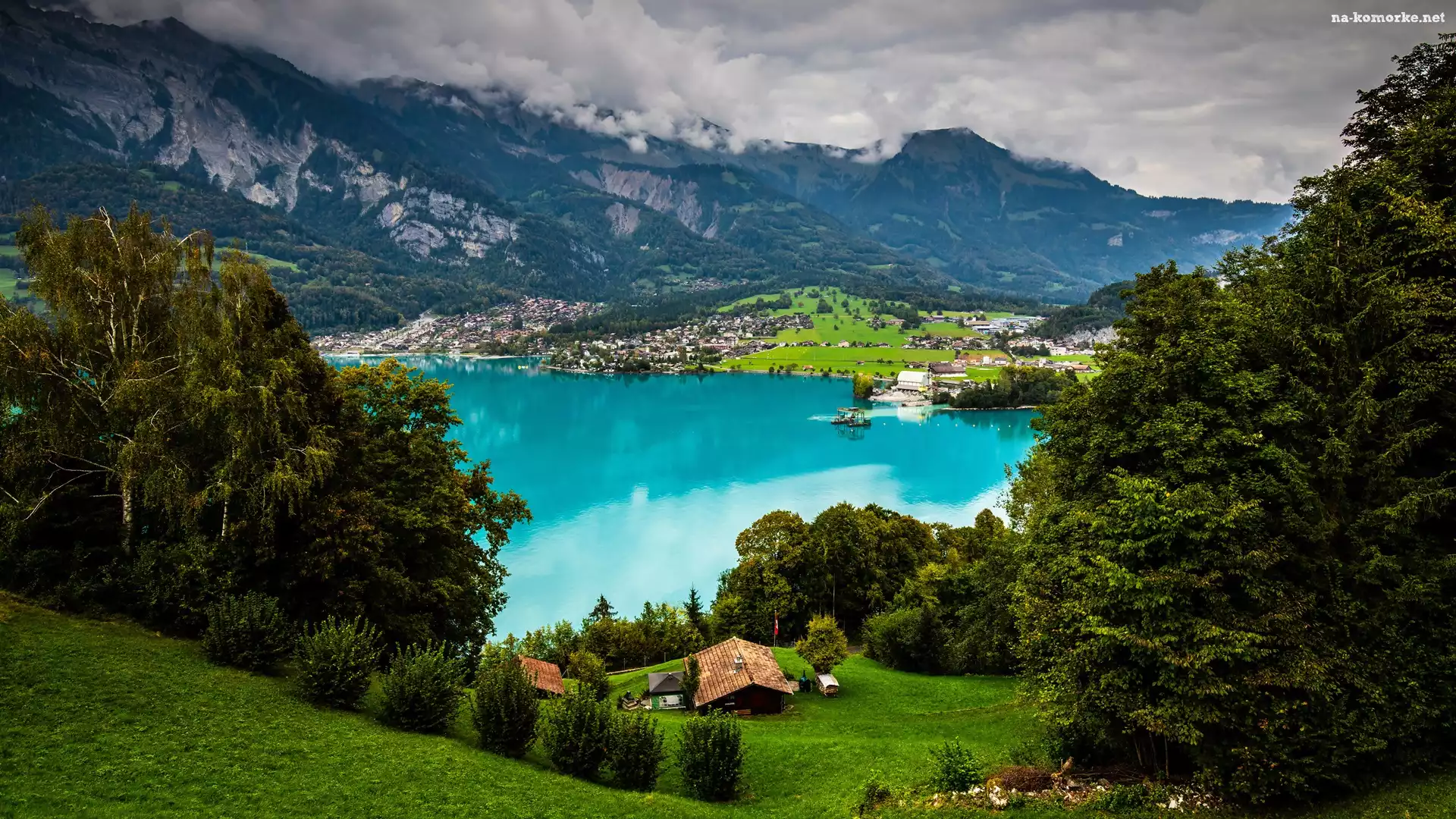 Szwajcaria, Góry, Chmury, Brienz, Drzewa, Las, Kanton Berno, Alpy Berneńskie, Jezioro Brienzersee, Domy