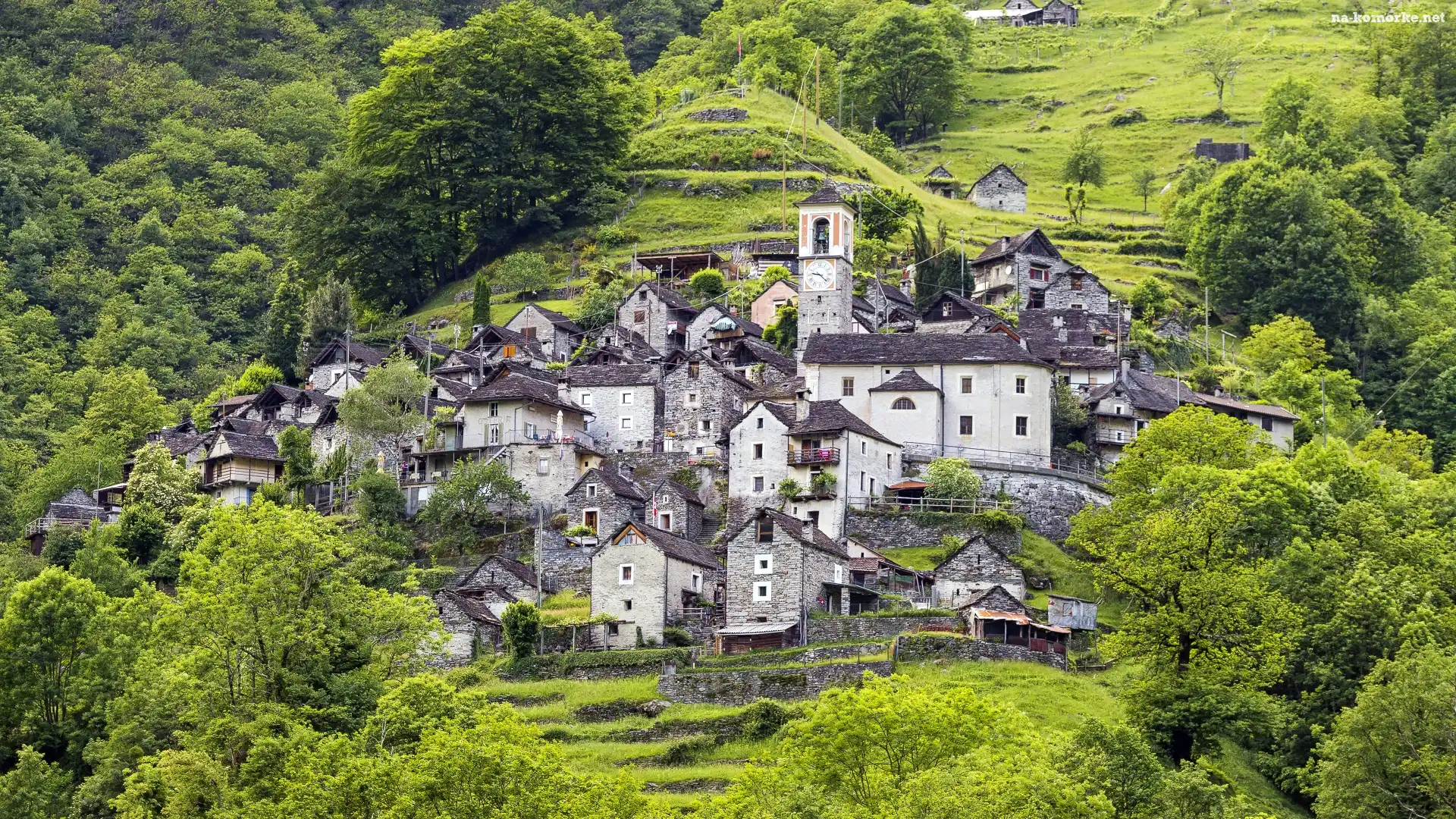 Wzgórza, Roślinność, Szwajcaria, Zieleń, Locarno, Kanton Tessin, Stok, Drzewa, Domy, Corippo