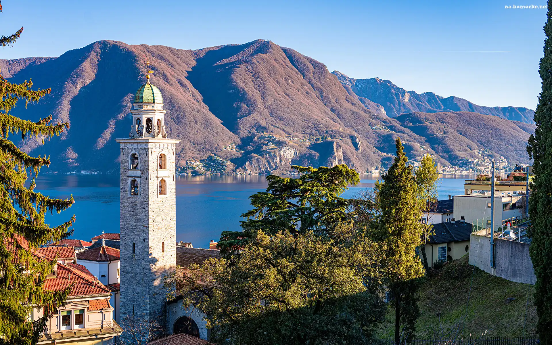 Domy, Lugano, Góra, Alpy, Kościół, Kanton Ticino, Szwajcaria, Jezioro Lugano, Katedra Świętego Wawrzyńca, Drzewa, Wieża
