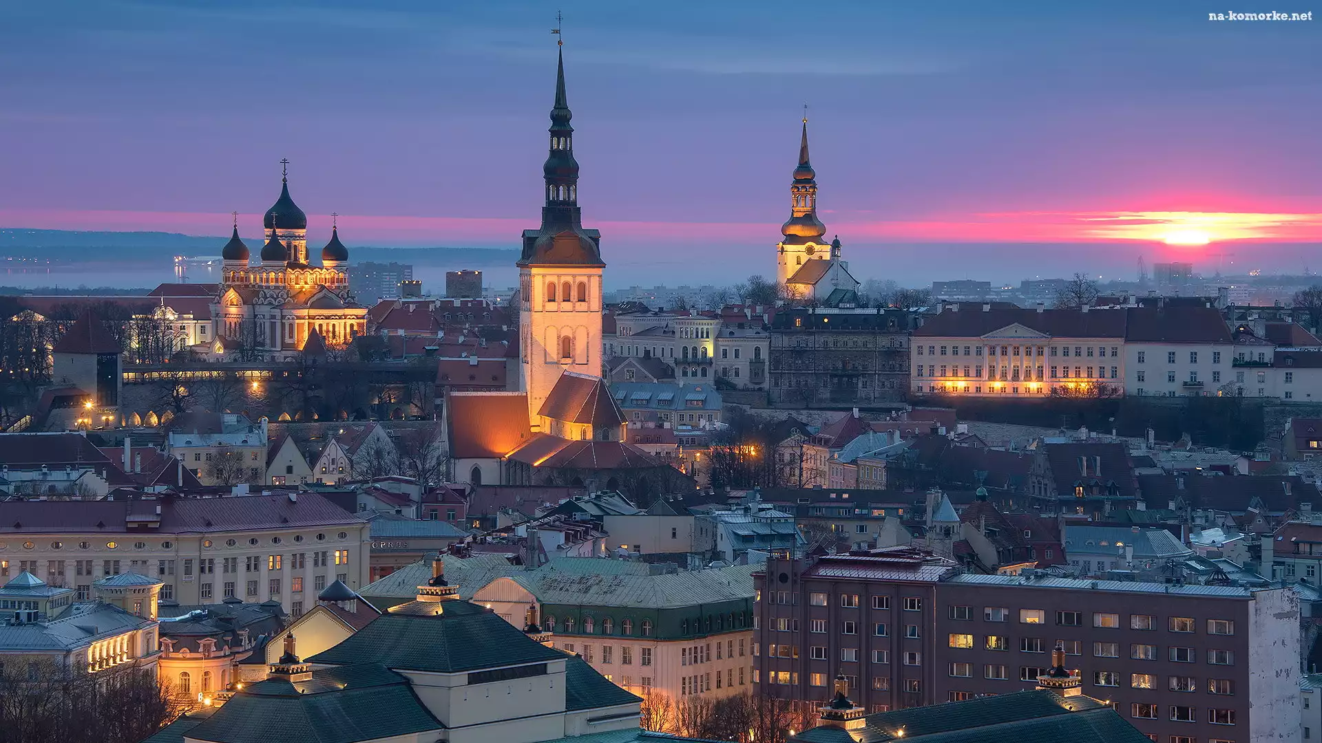 Tallinn, Kościół św. Mikołaja, Estonia, Kościół św. Olafa, Wieże, Oświetlone, Stare Miasto, Cerkiew, Sobór św. Aleksandra Newskiego, Domy